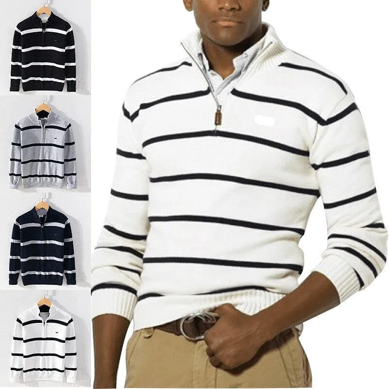 100% Cotton Men's Striped Sweaters Coat Pullovers Male Slim Fit Knitted Tops