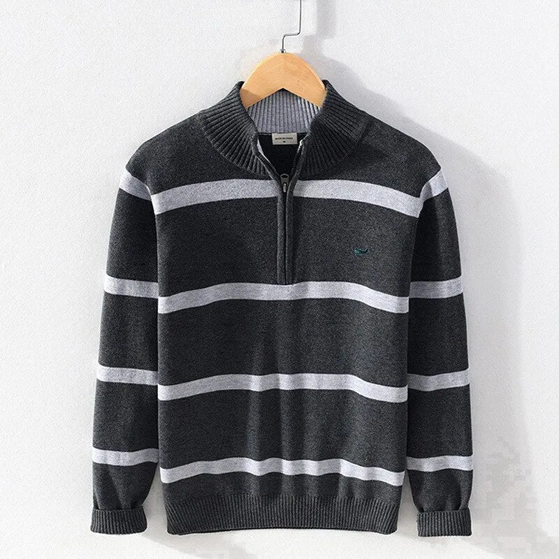 100% Cotton Men's Striped Sweaters Coat Pullovers Male Slim Fit Knitted Tops