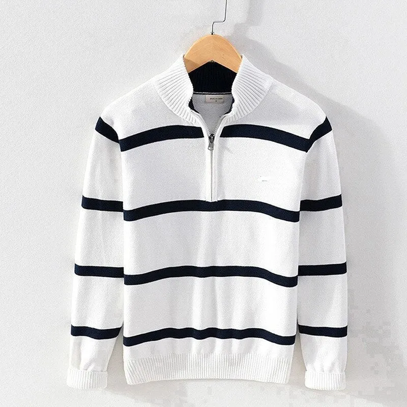 100% Cotton Men's Striped Sweaters Coat Pullovers Male Slim Fit Knitted Tops