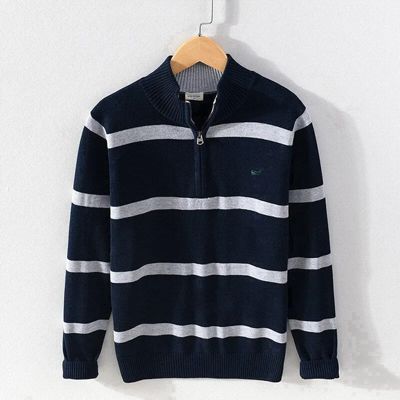 100% Cotton Men's Striped Sweaters Coat Pullovers Male Slim Fit Knitted Tops