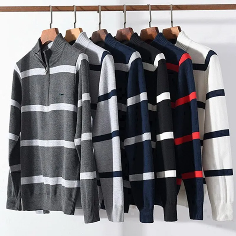 100% Cotton Men's Striped Sweaters Coat Pullovers Male Slim Fit Knitted Tops