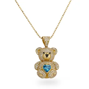 14k yellow gold set blue large teddy bear pendant