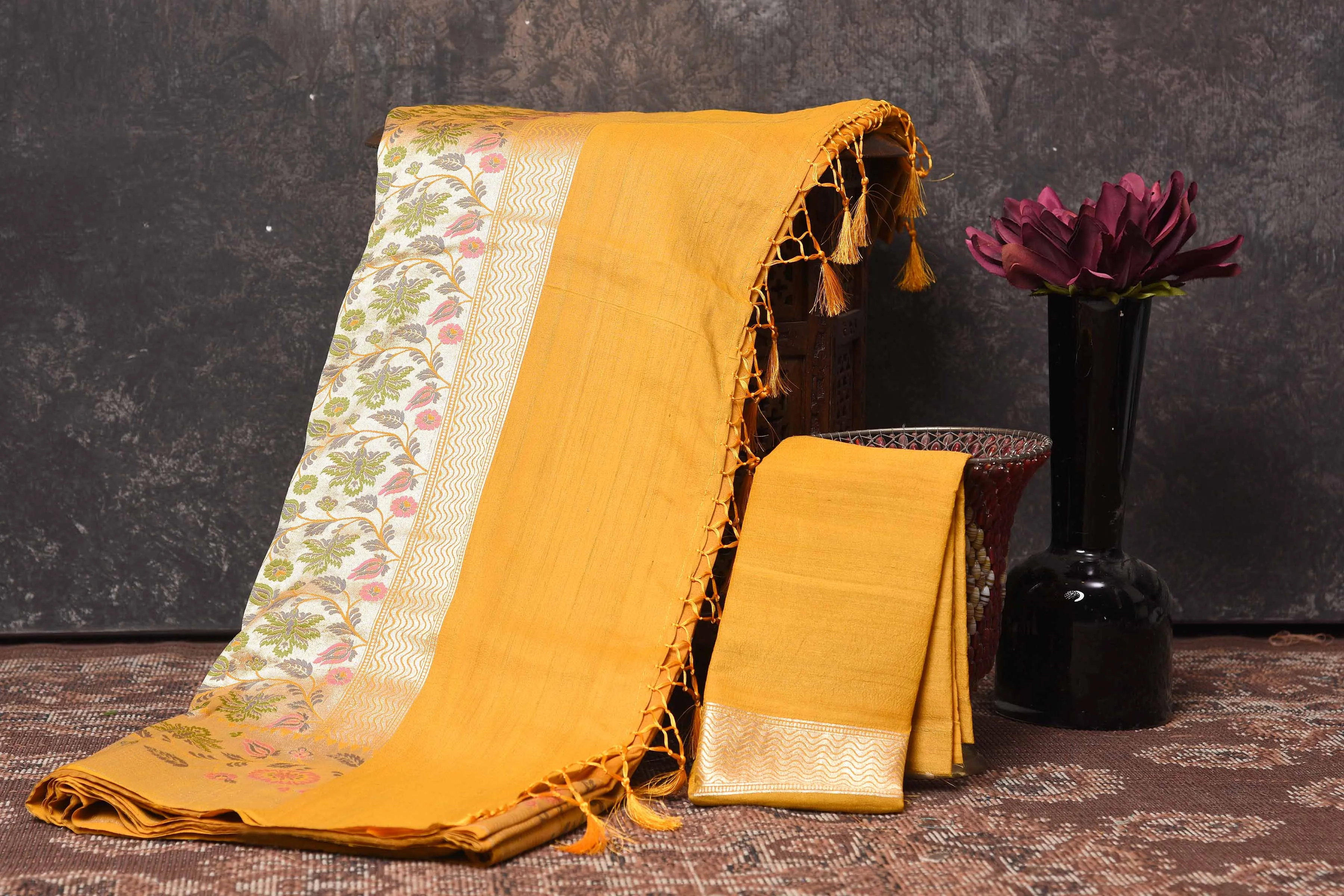 90N413-RO Mango Yellow Tussar Banarasi Saree with Floral Zari Border