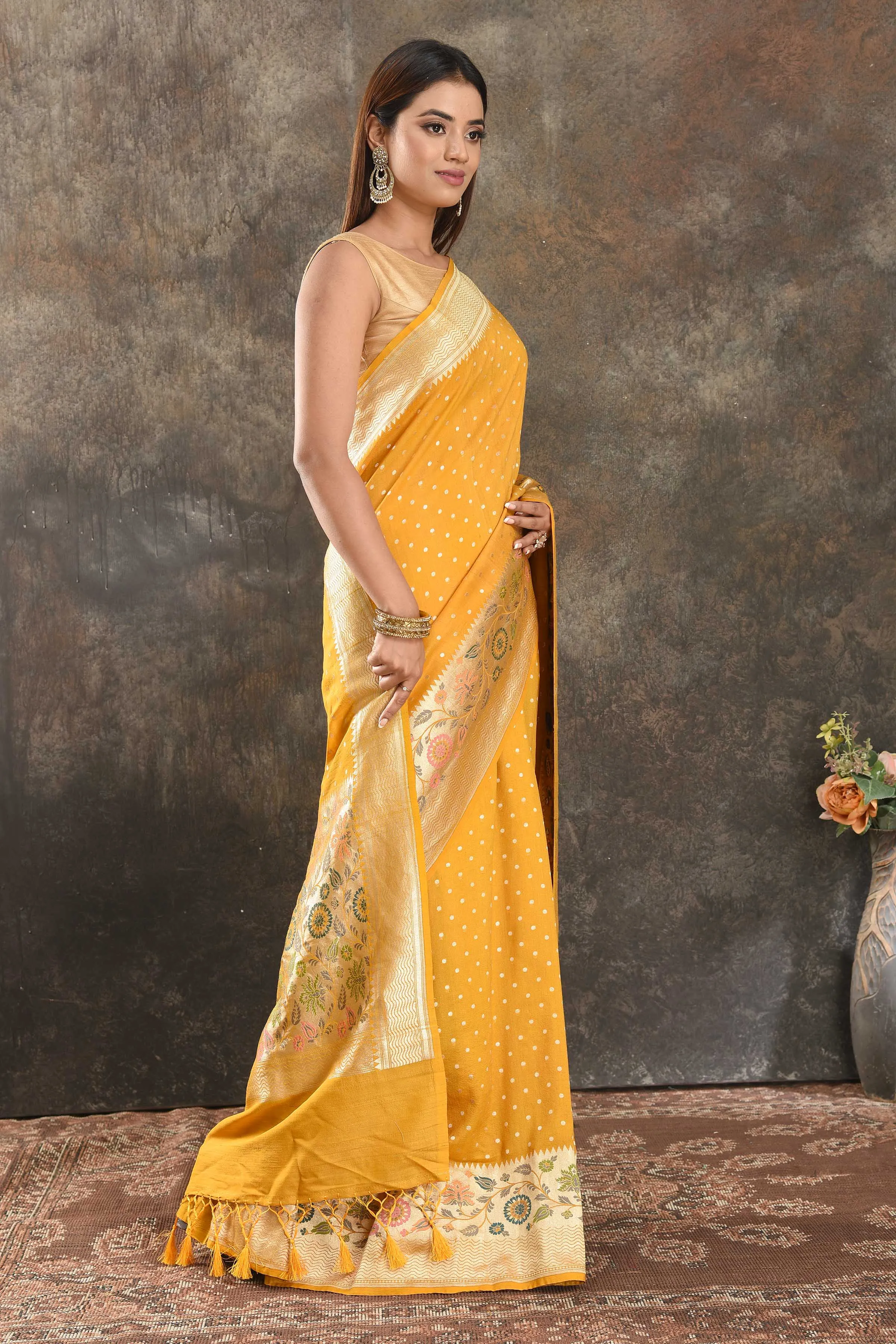 90N413-RO Mango Yellow Tussar Banarasi Saree with Floral Zari Border