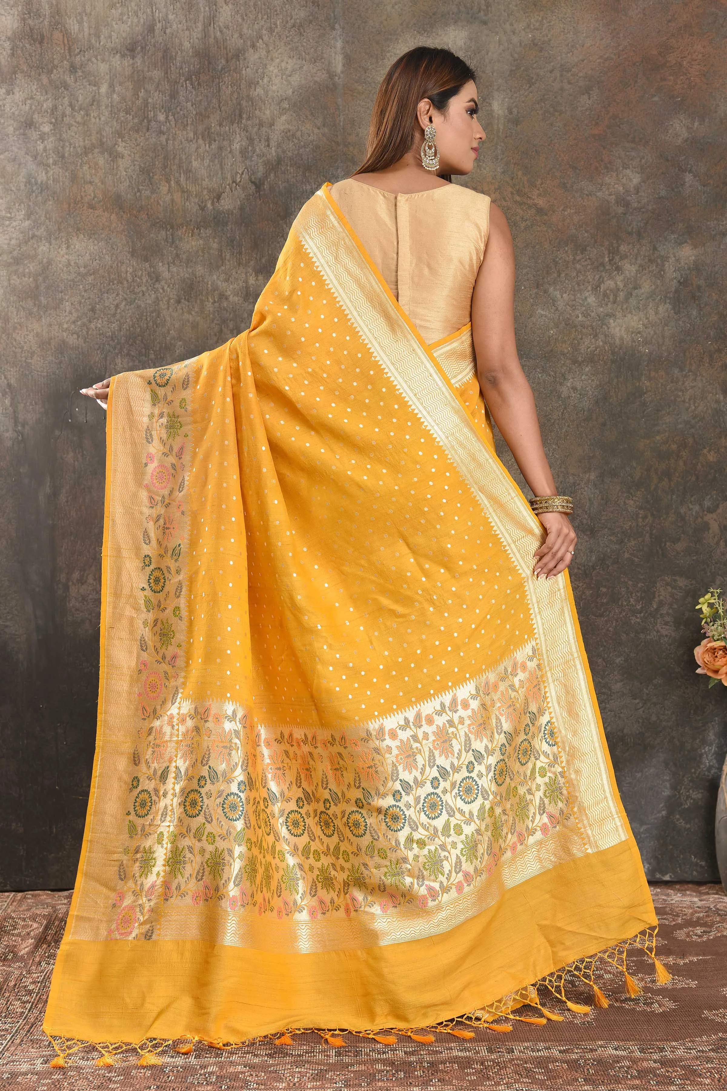 90N413-RO Mango Yellow Tussar Banarasi Saree with Floral Zari Border