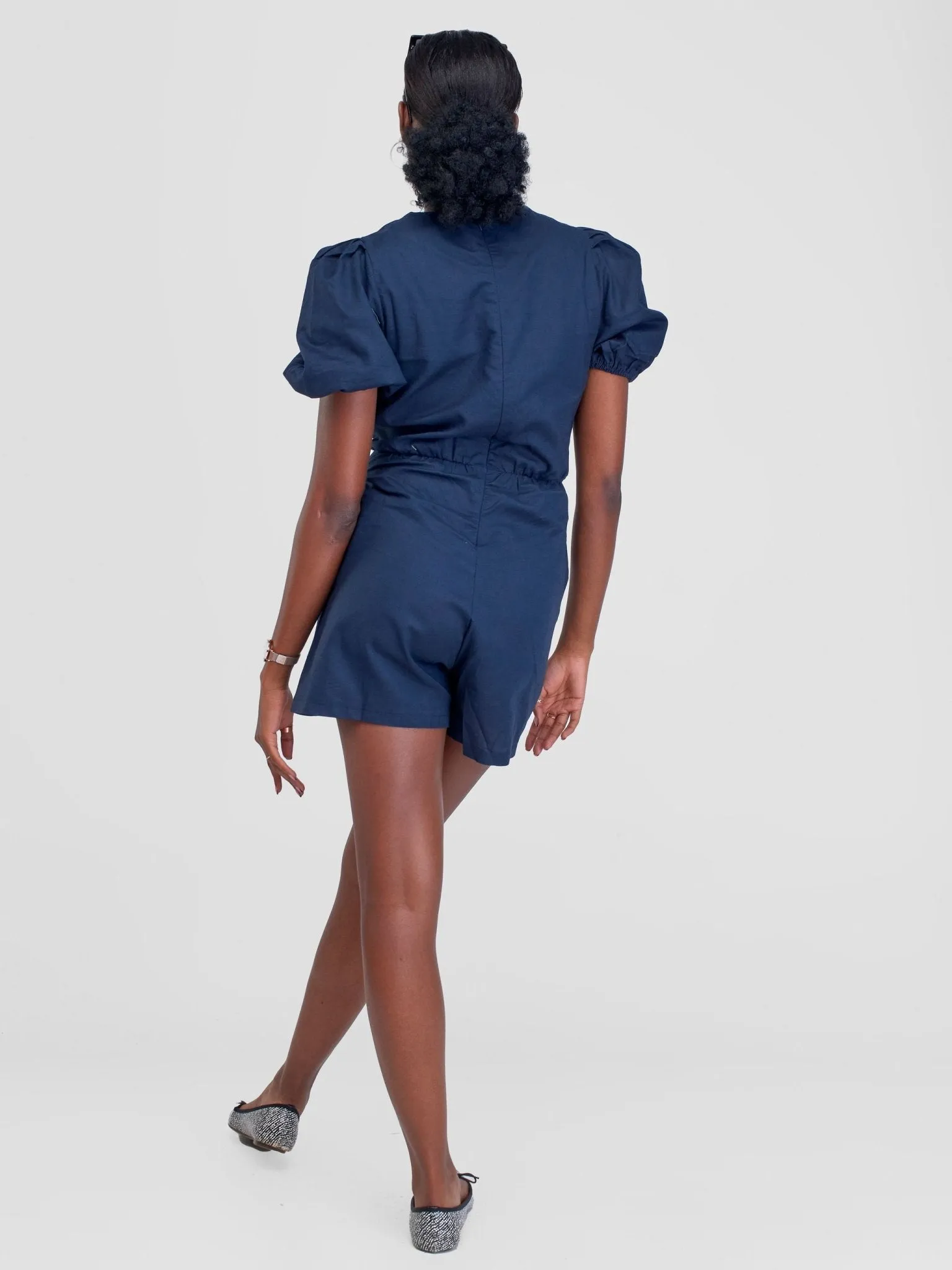 Alara Linen Romper With A Central Metalic Ring And Front Cutout - Navy Blue