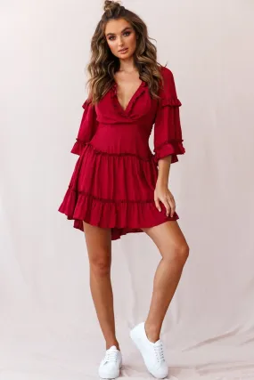 Albany Bell Sleeve Frill Dress Wine