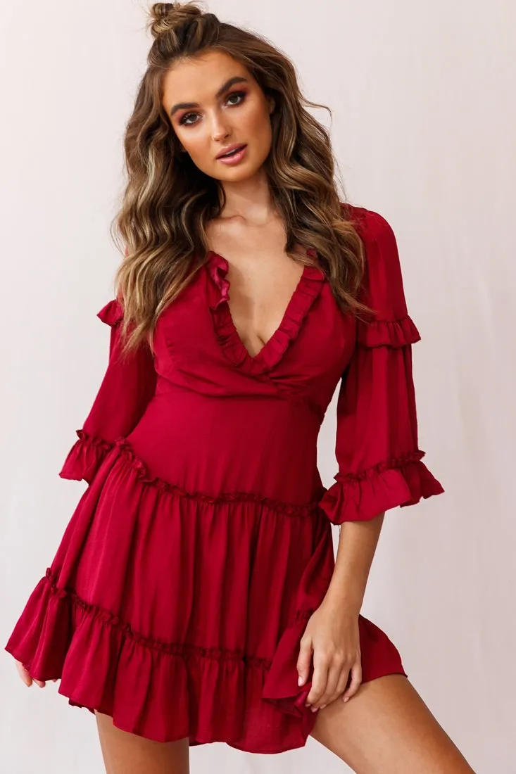 Albany Bell Sleeve Frill Dress Wine