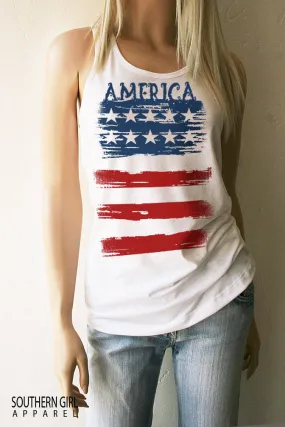 America Red White and Blue American Flag Racerback Tank Top