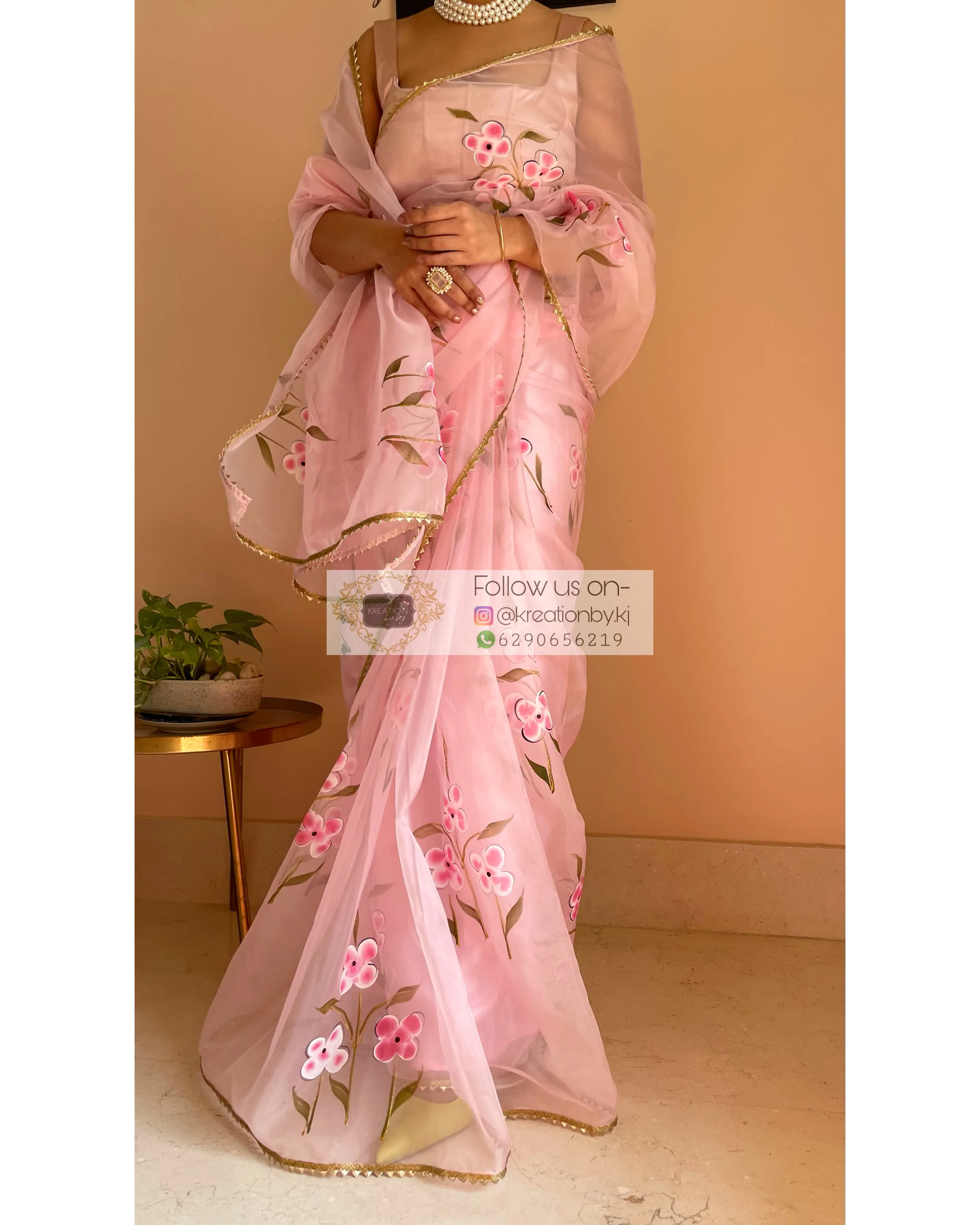 Baby Pink Floral Organza Saree