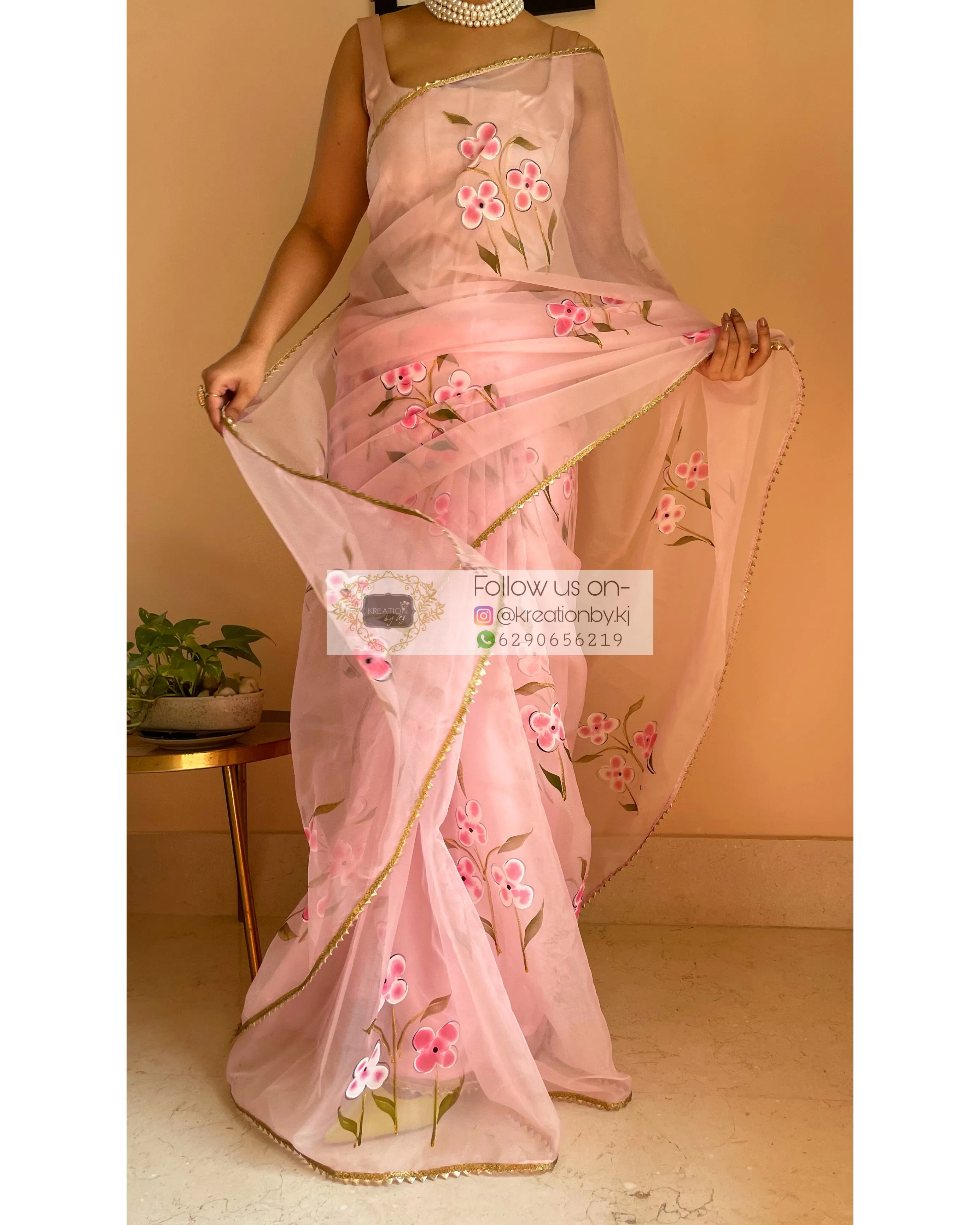 Baby Pink Floral Organza Saree