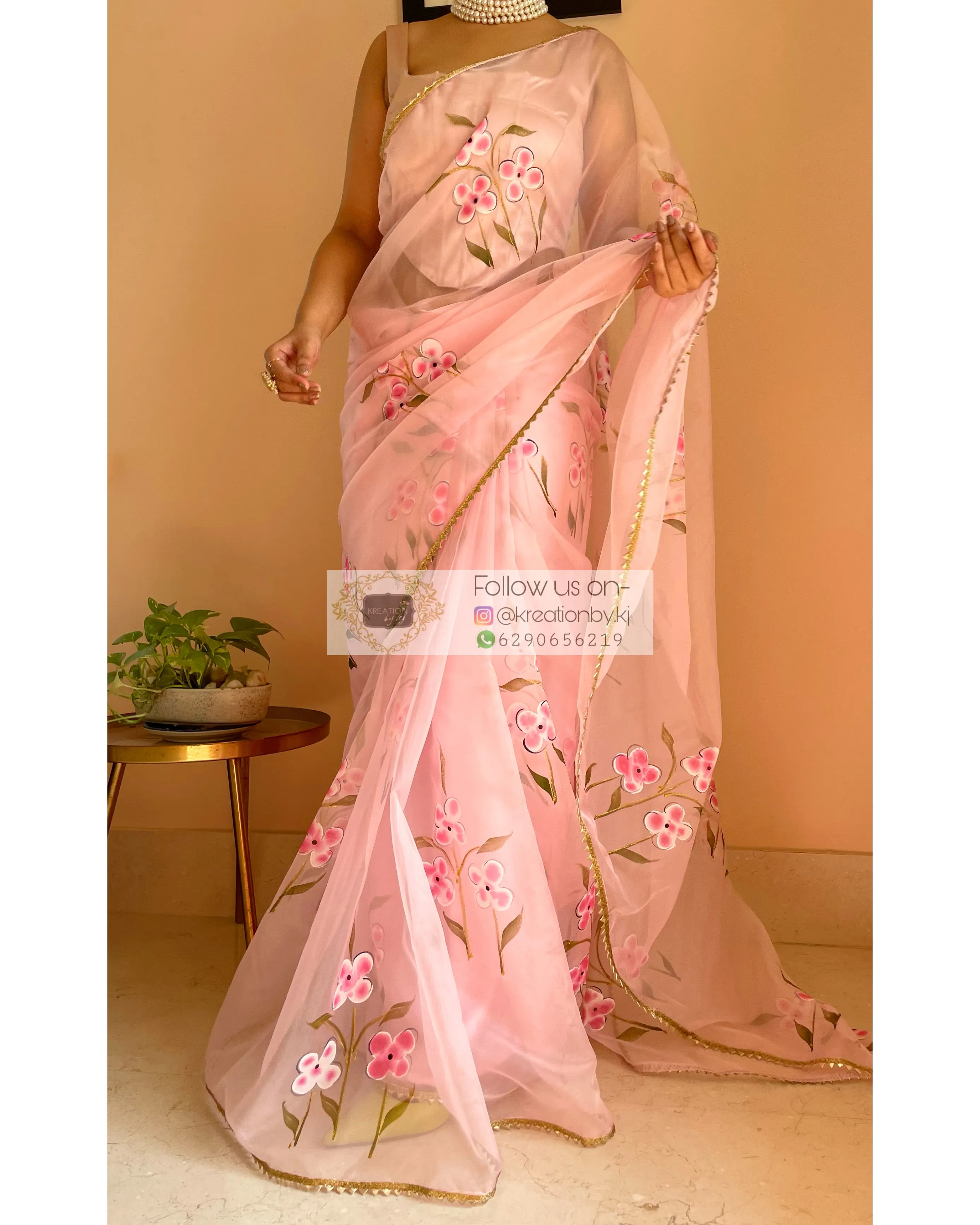 Baby Pink Floral Organza Saree