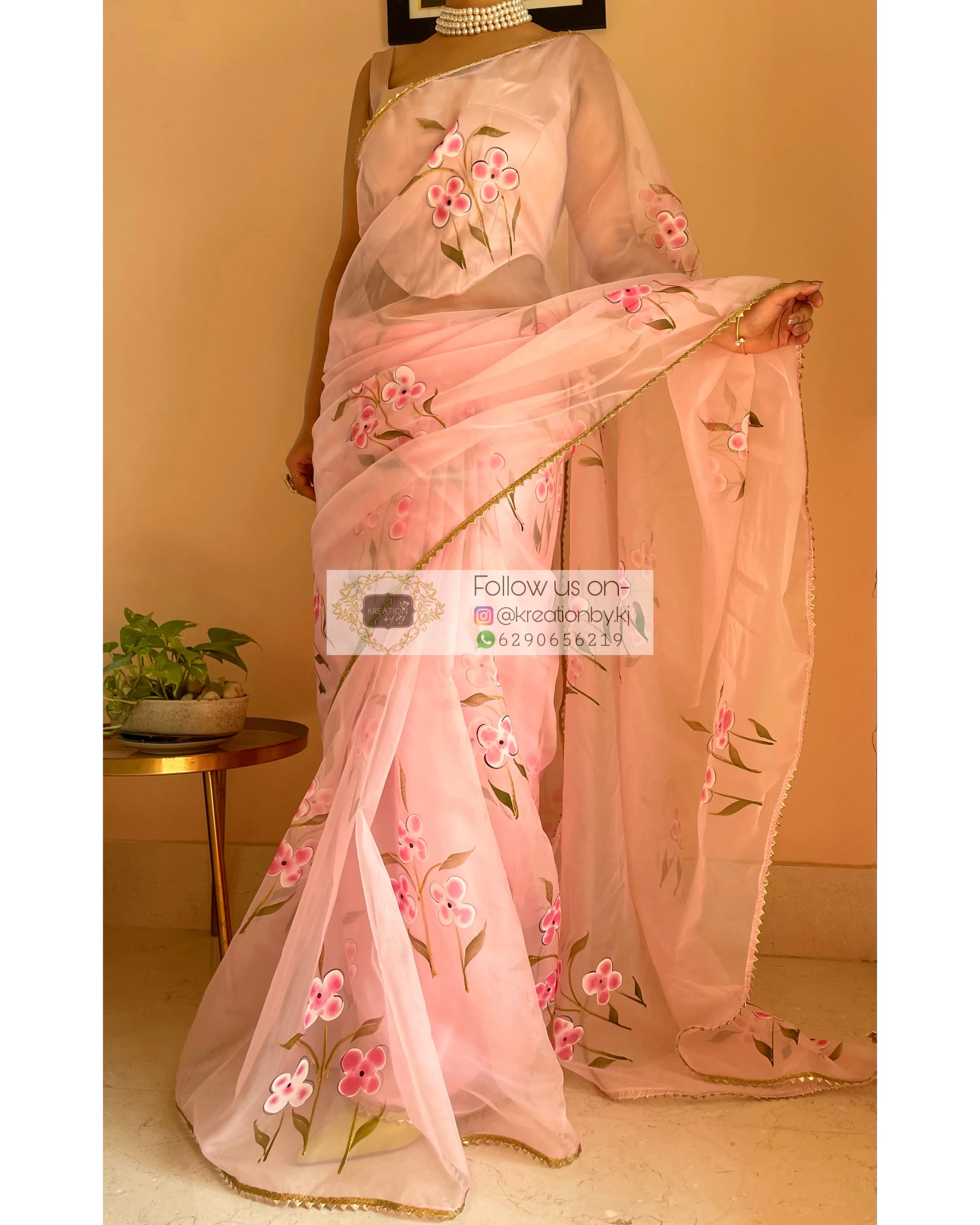 Baby Pink Floral Organza Saree