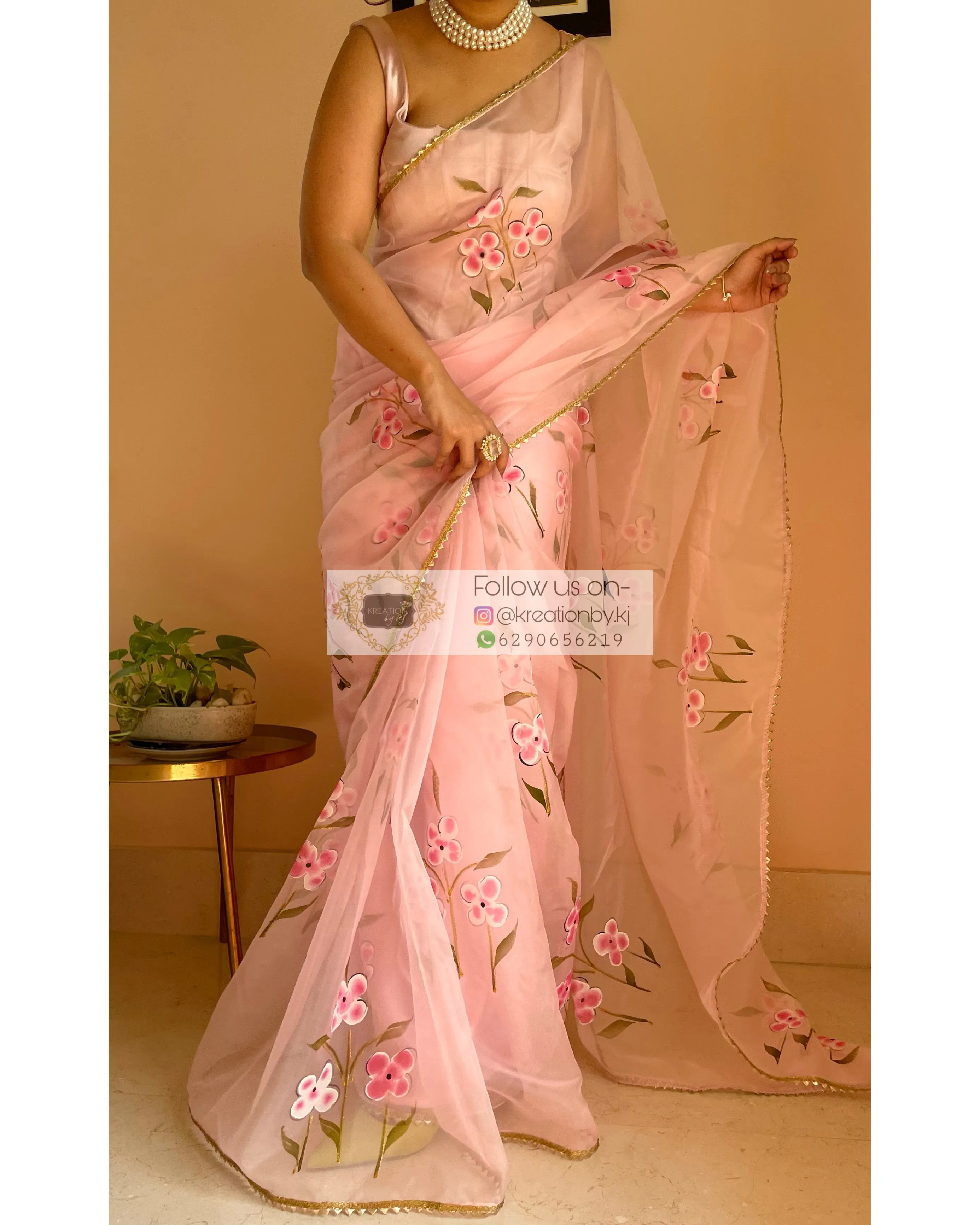 Baby Pink Floral Organza Saree