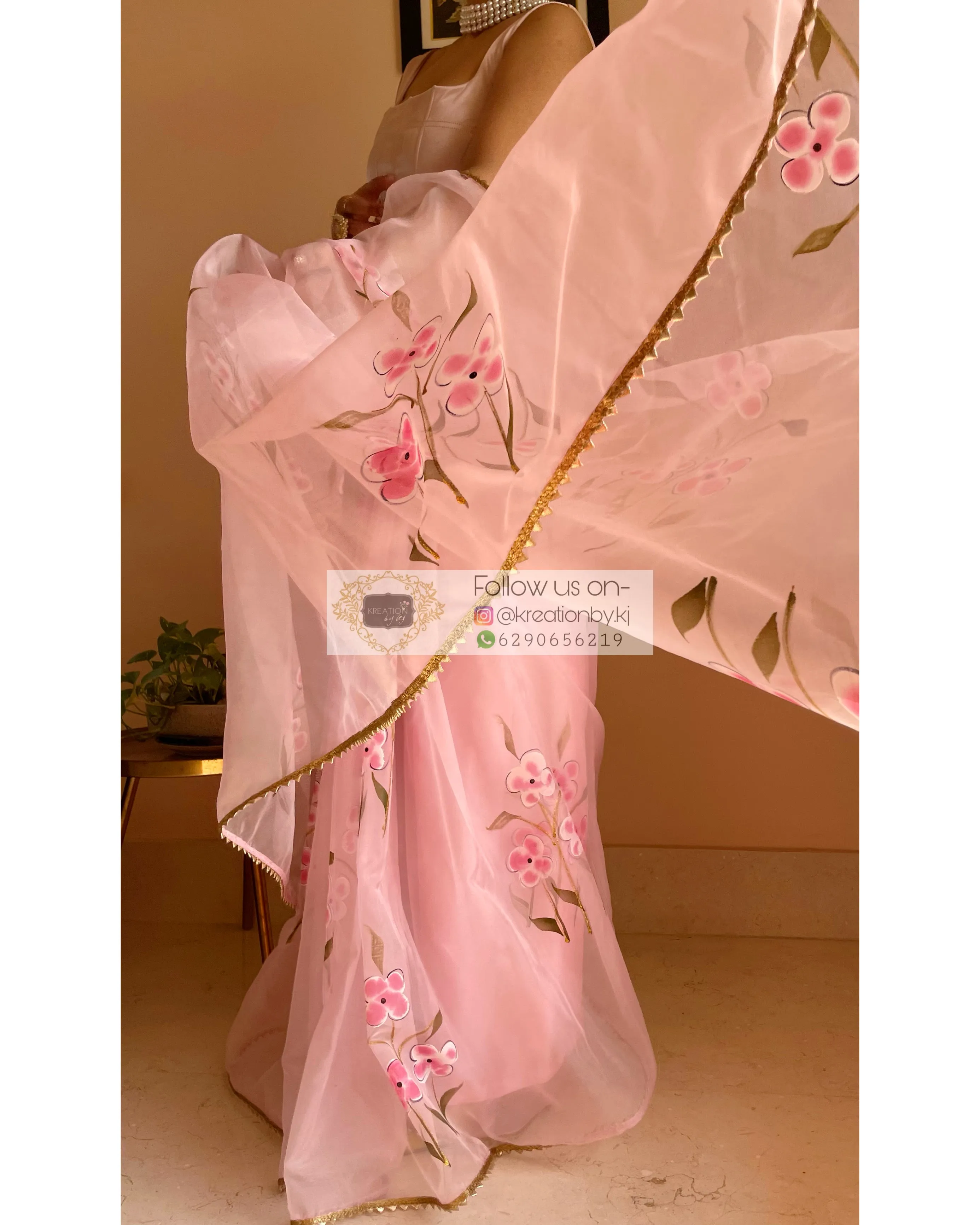 Baby Pink Floral Organza Saree