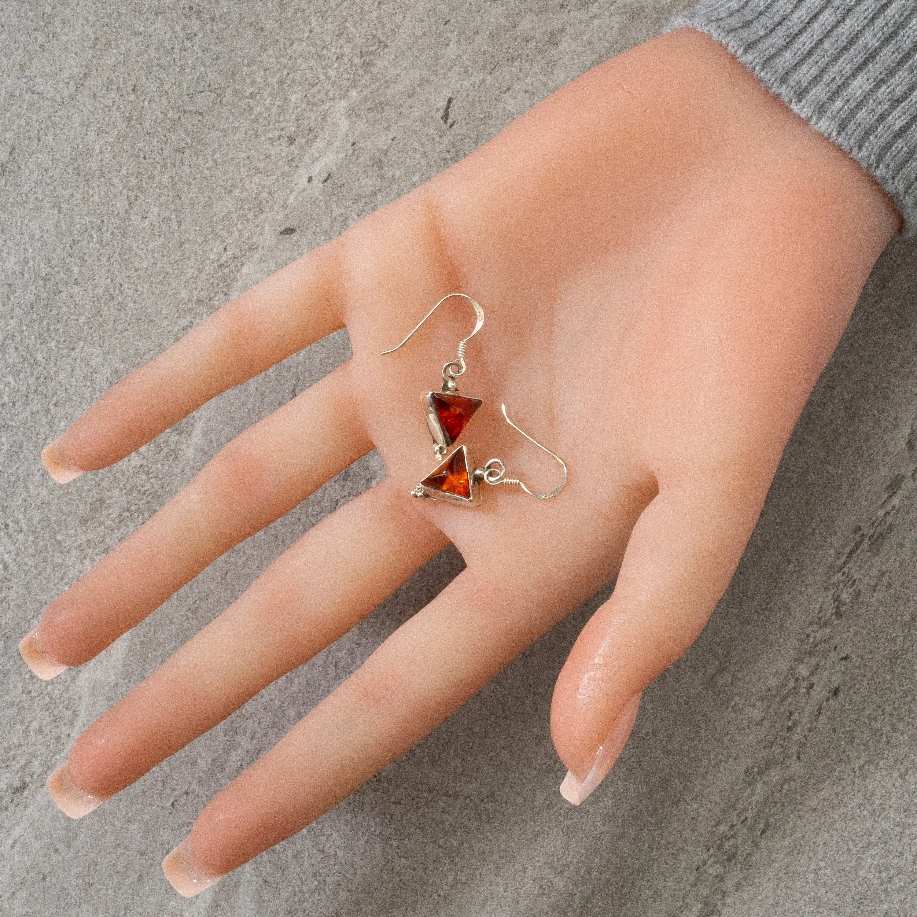 Baltic Amber Triangle Dangle Navajo USA Native American Made 925 Sterling Silver Earrings with French Hook