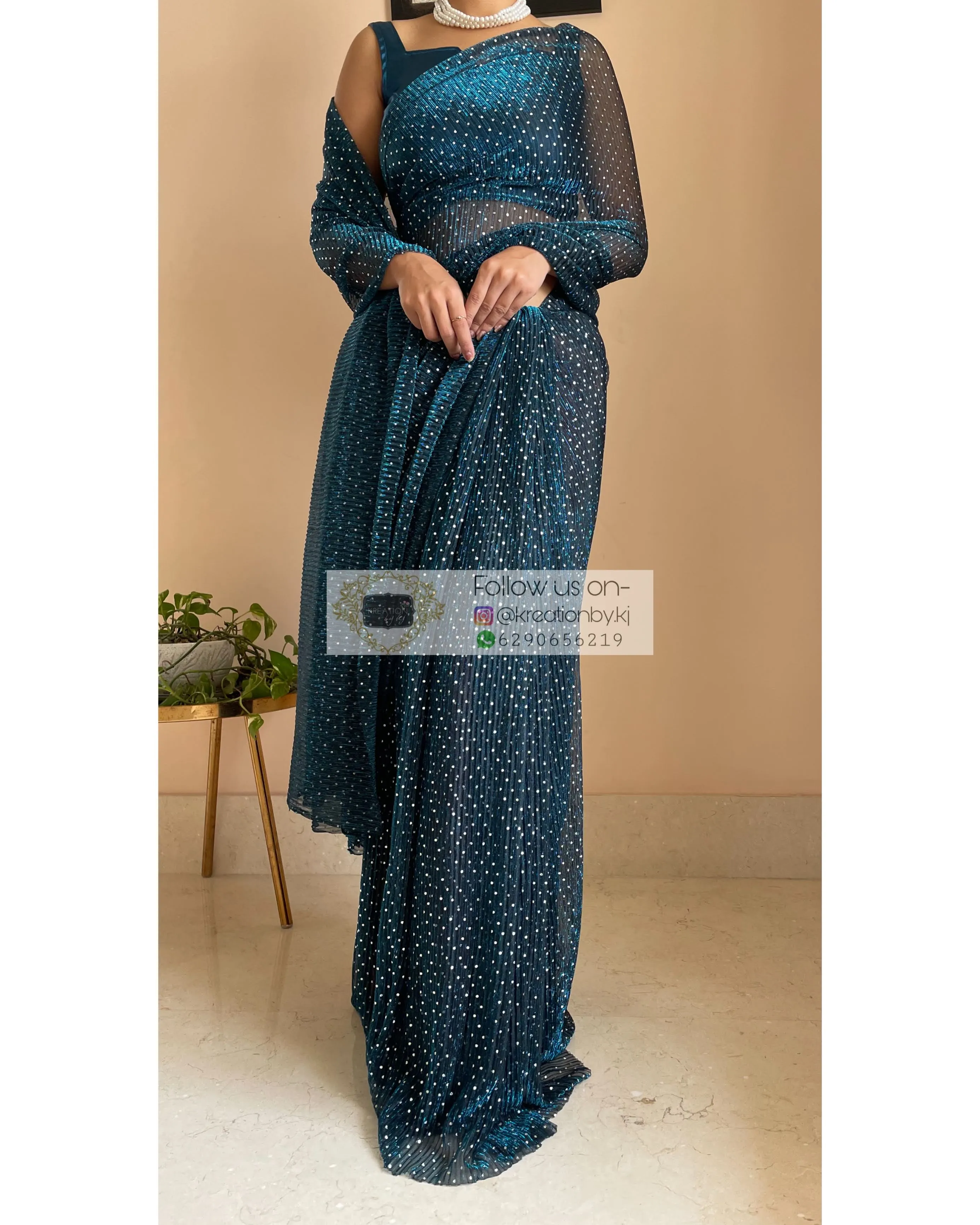 Blue Pleated Shimmer Net Saree