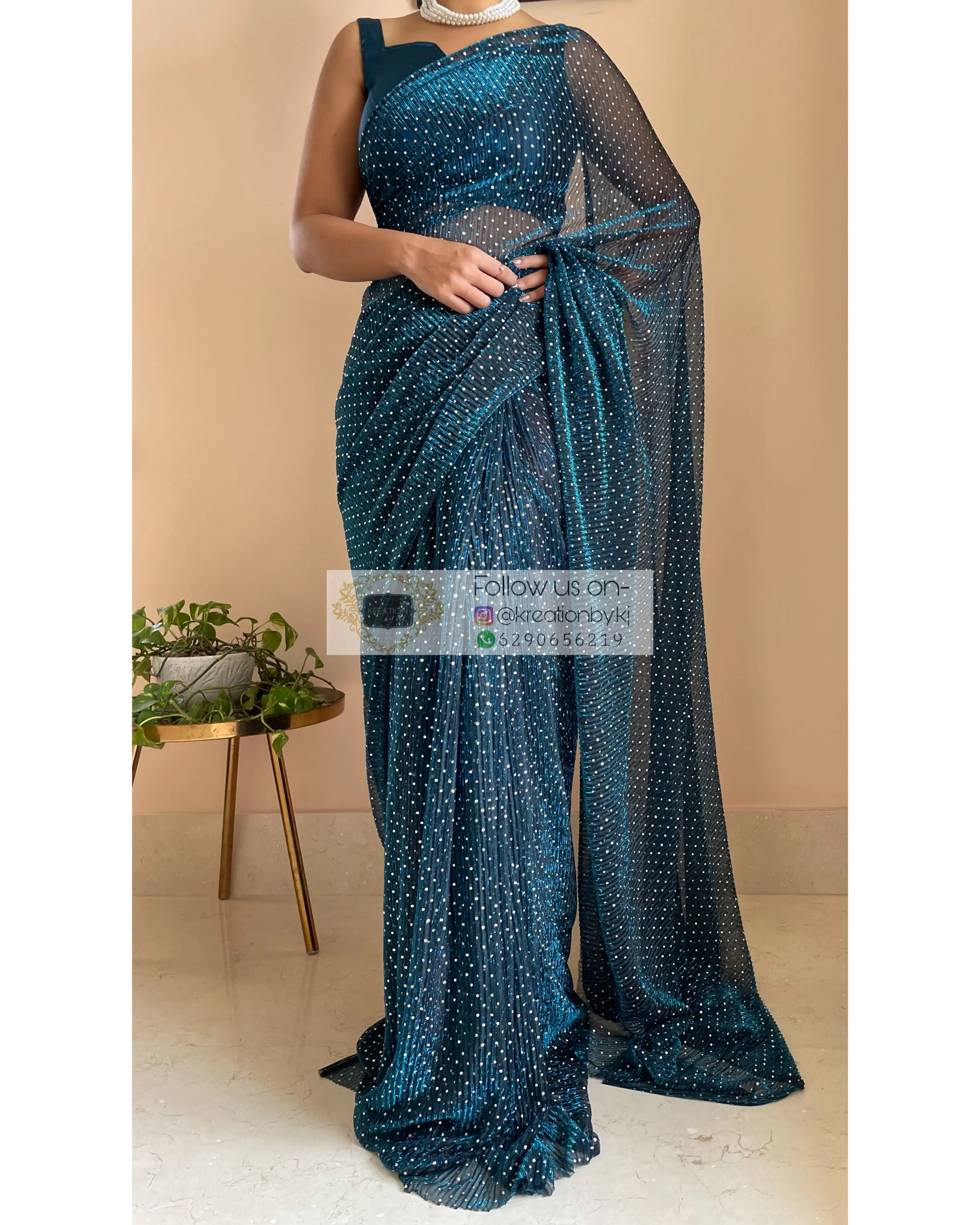 Blue Pleated Shimmer Net Saree