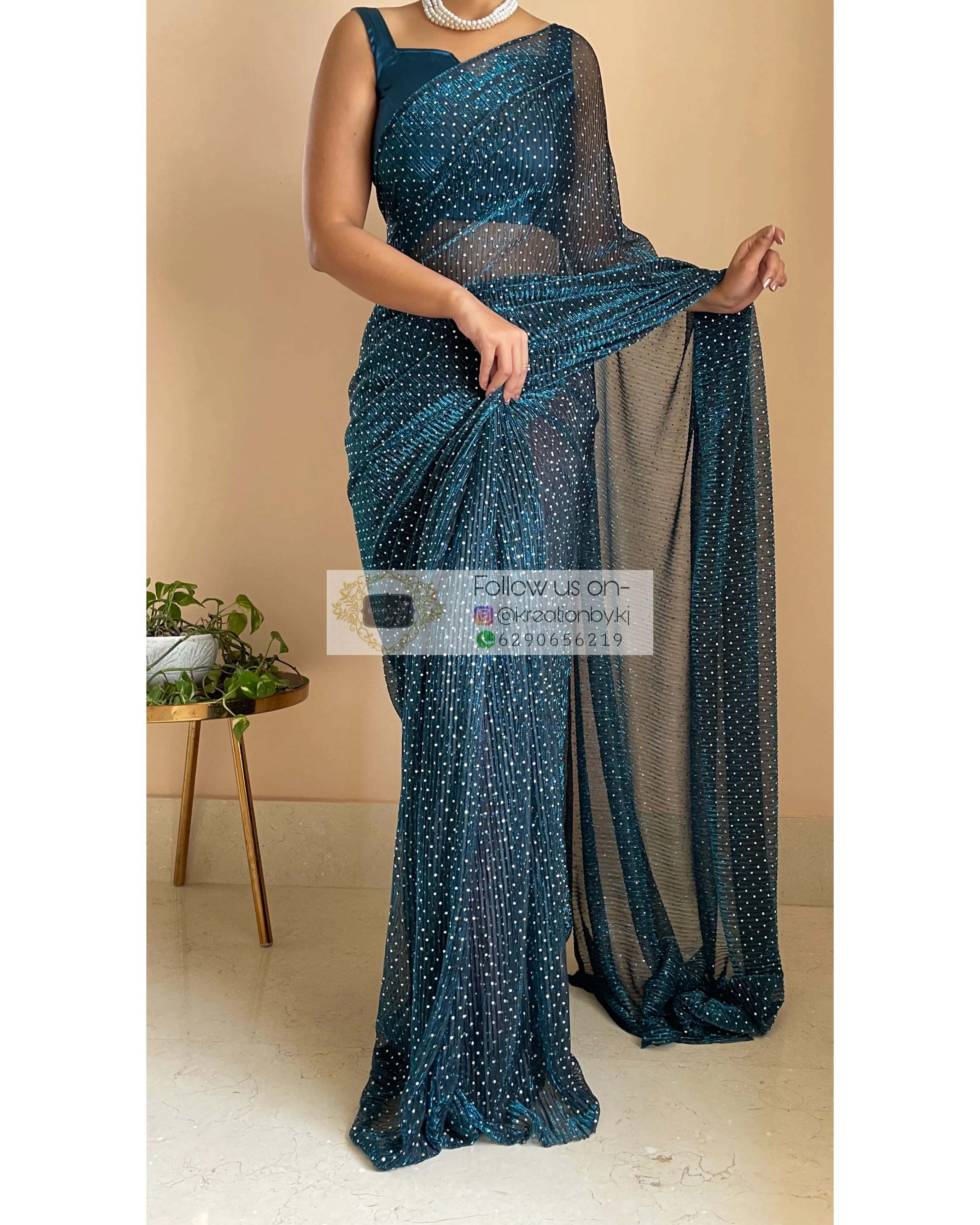 Blue Pleated Shimmer Net Saree