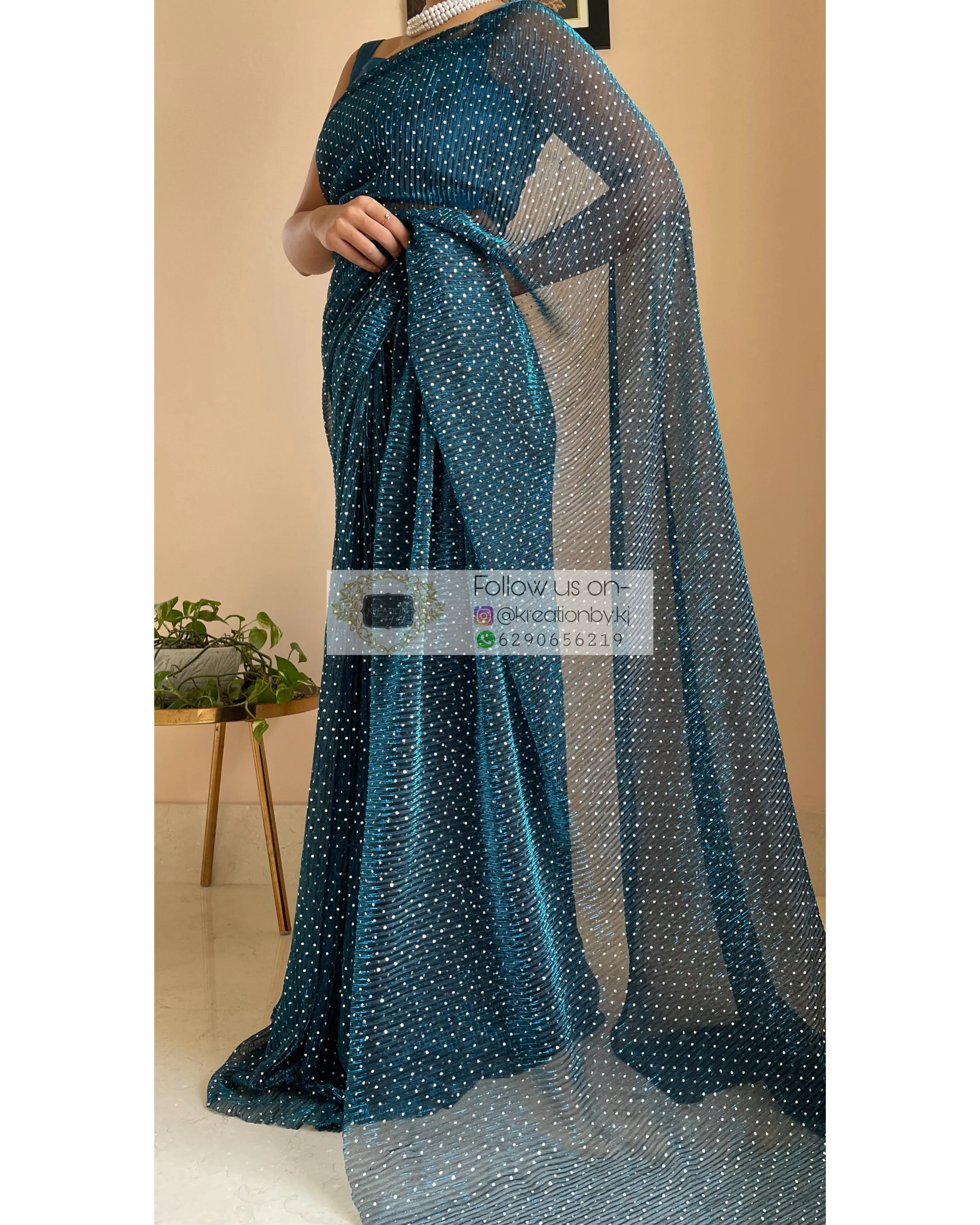 Blue Pleated Shimmer Net Saree