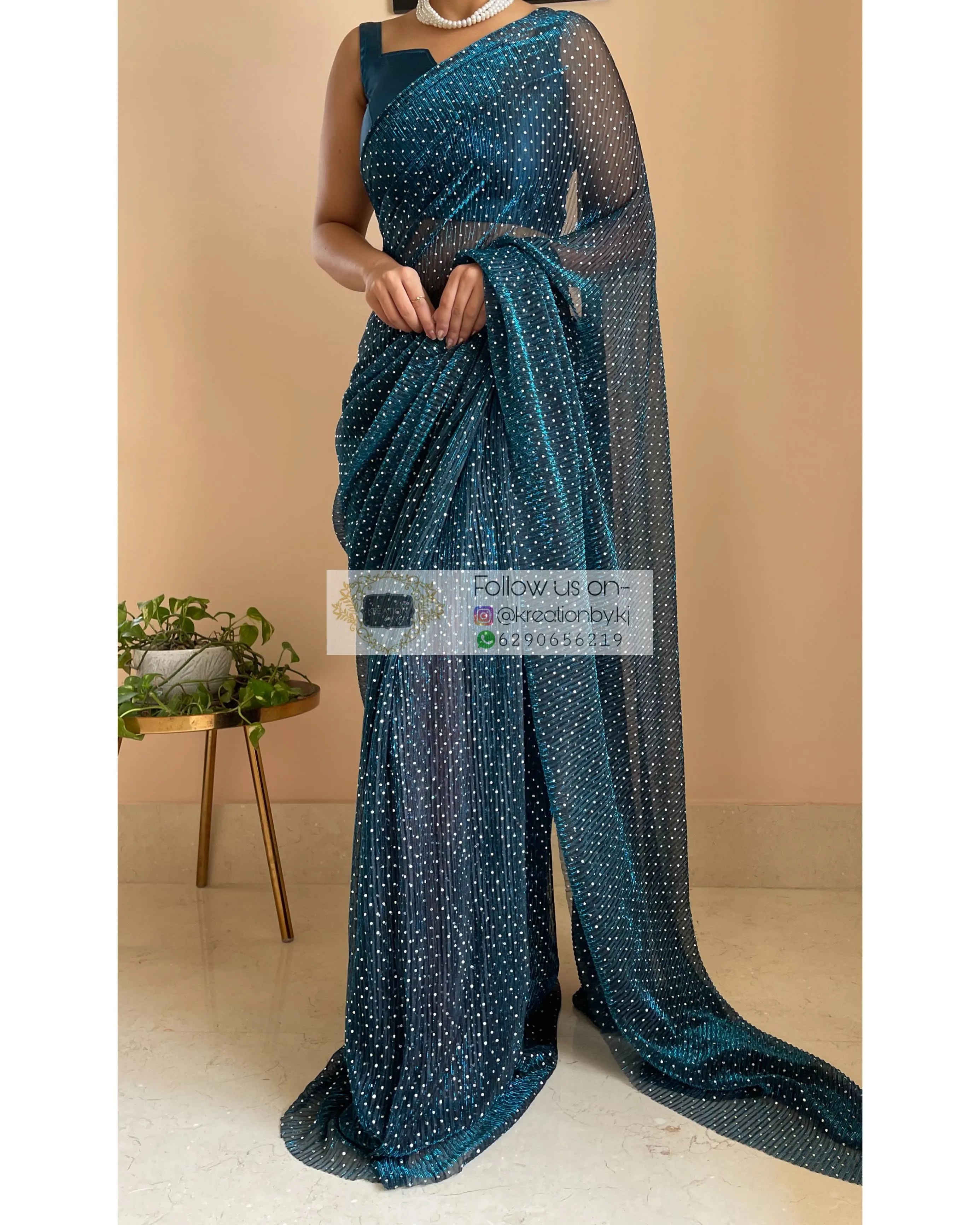 Blue Pleated Shimmer Net Saree