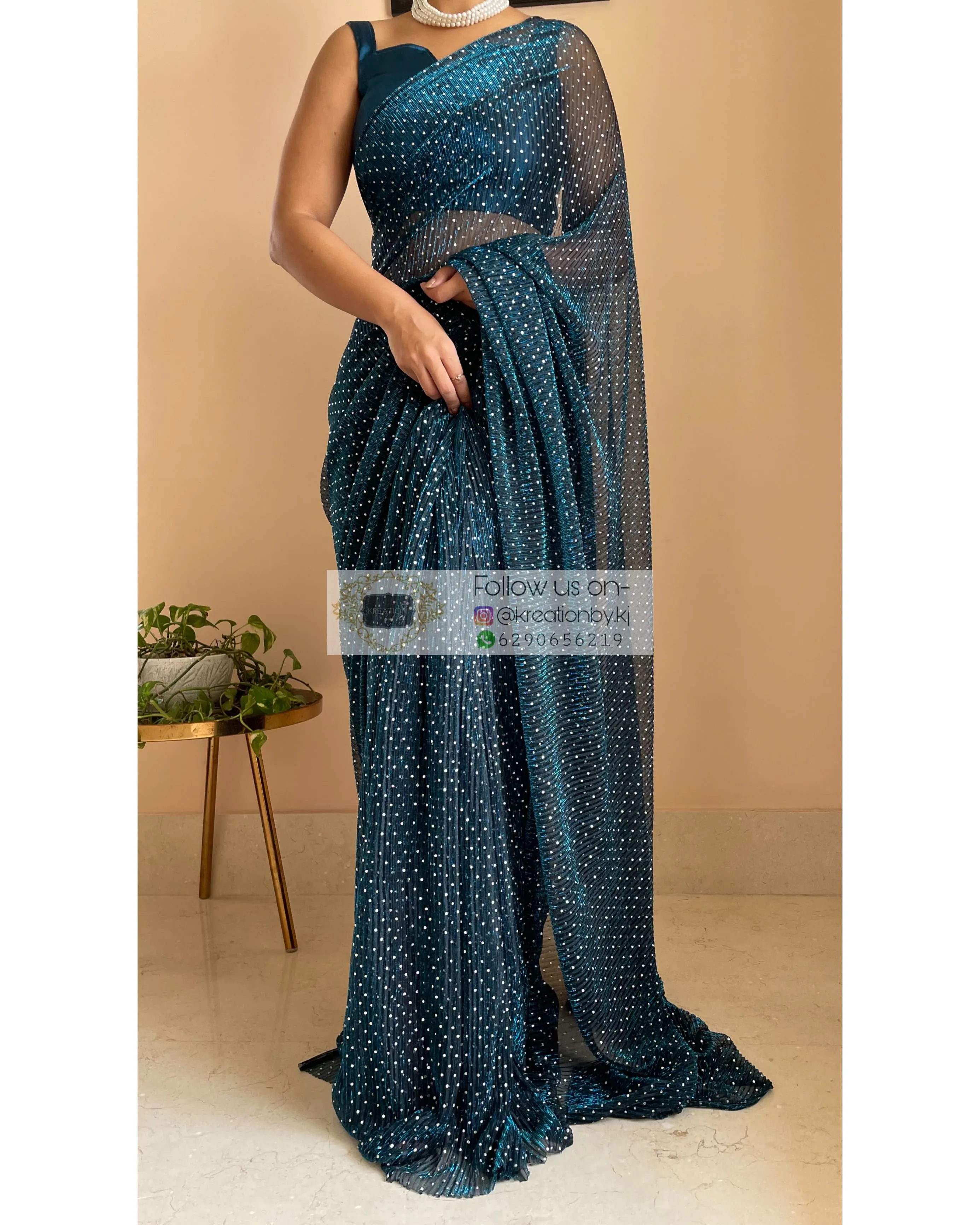 Blue Pleated Shimmer Net Saree