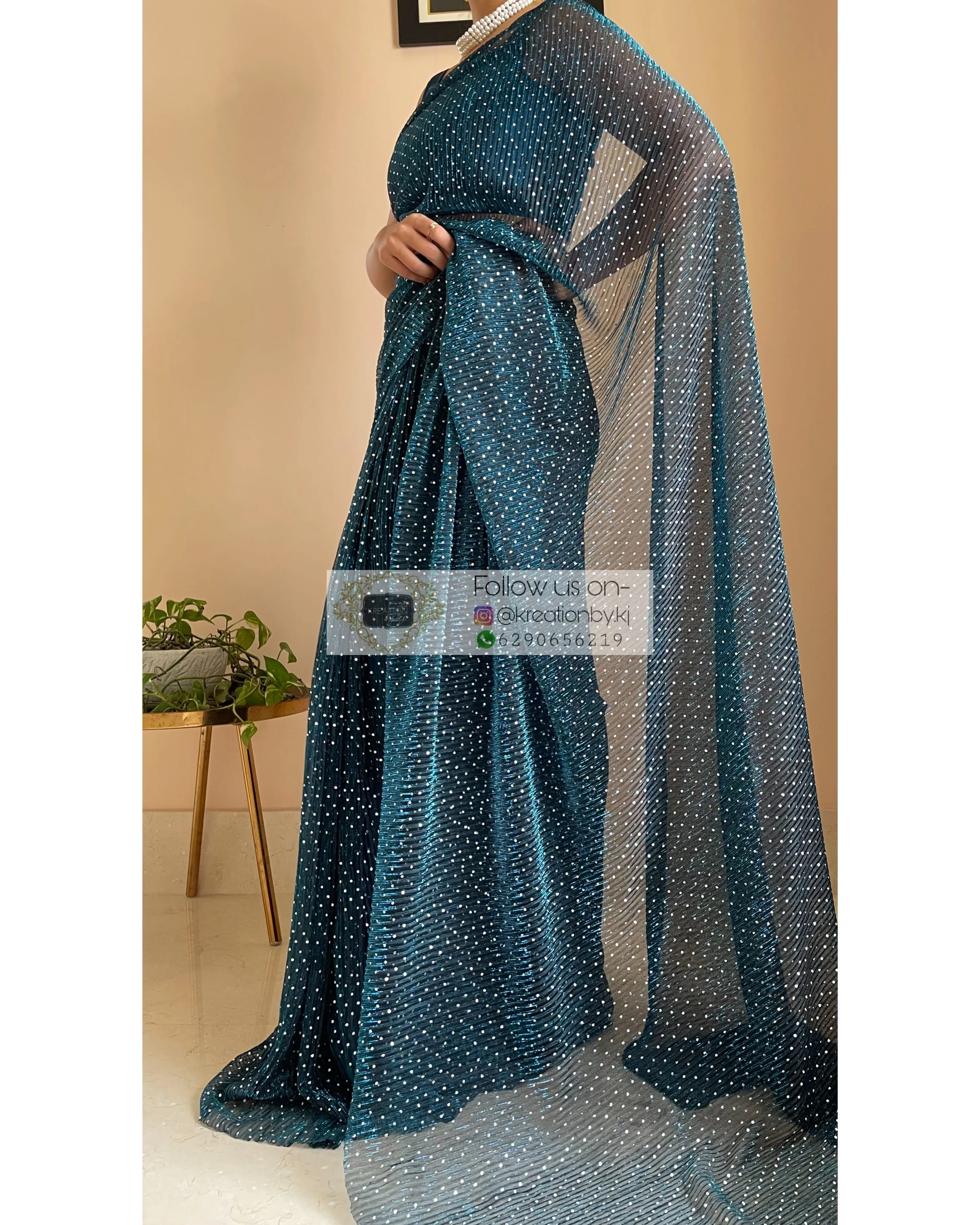 Blue Pleated Shimmer Net Saree