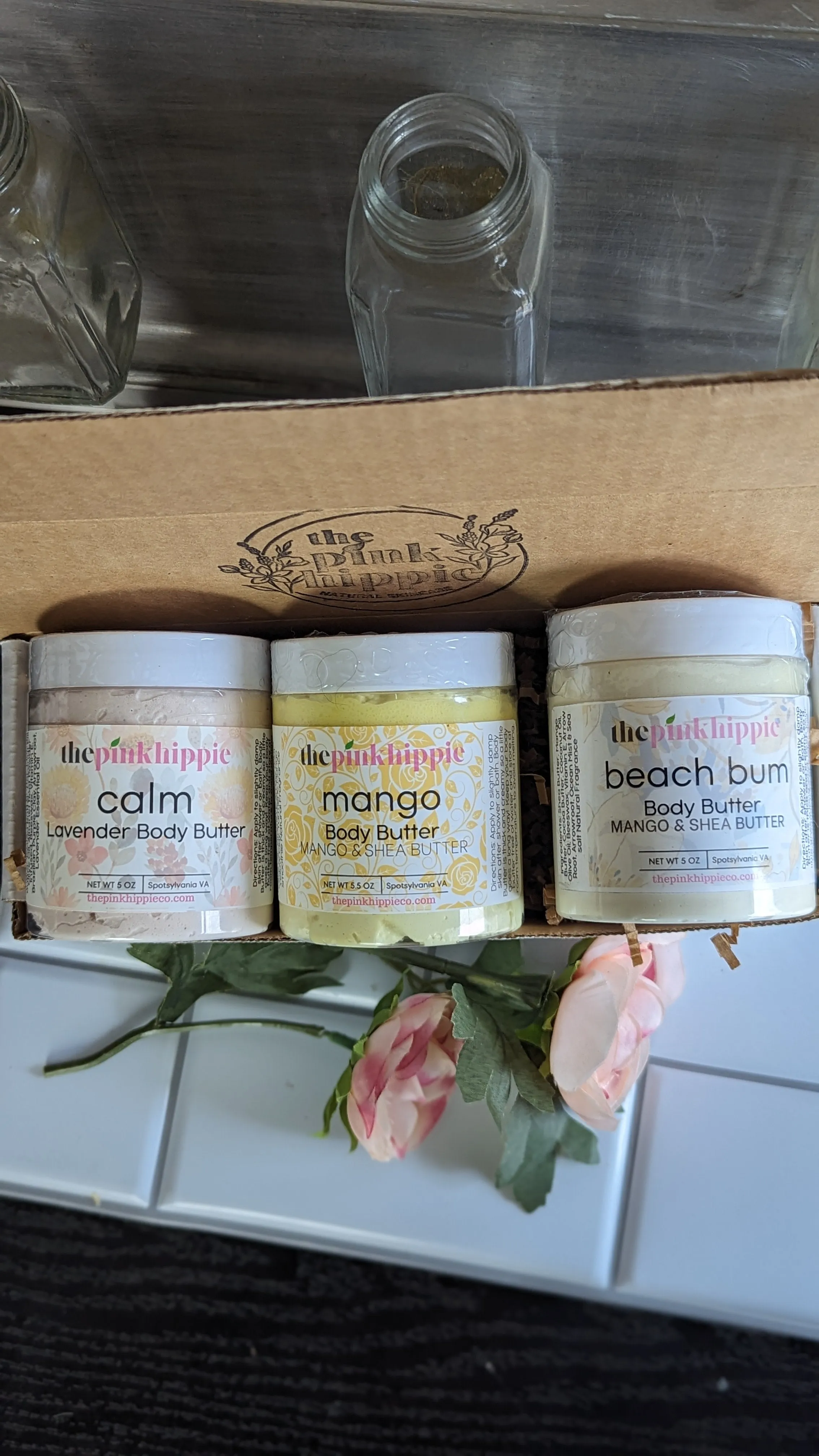 Body Butter Box- Trio- 3. 5oz Body Butters Calm Lavender, Beach Bum, Mango Gift