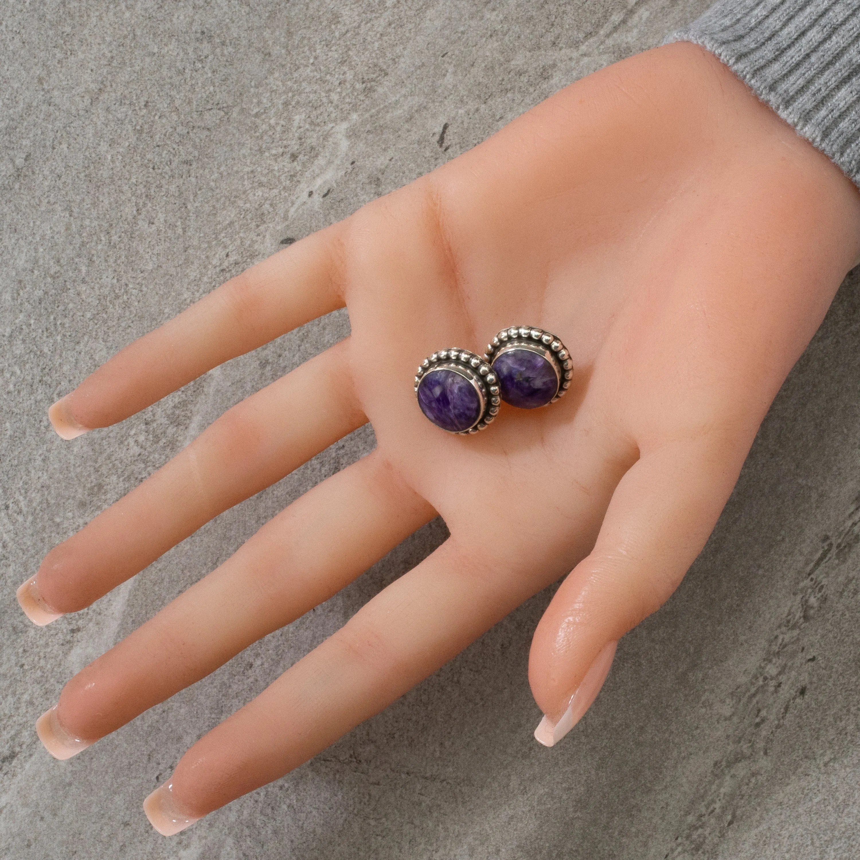 Charoite Round Navajo USA Native American Made 925 Sterling Silver Earrings with Stud Backing