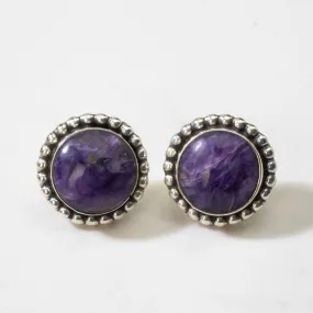 Charoite Round Navajo USA Native American Made 925 Sterling Silver Earrings with Stud Backing