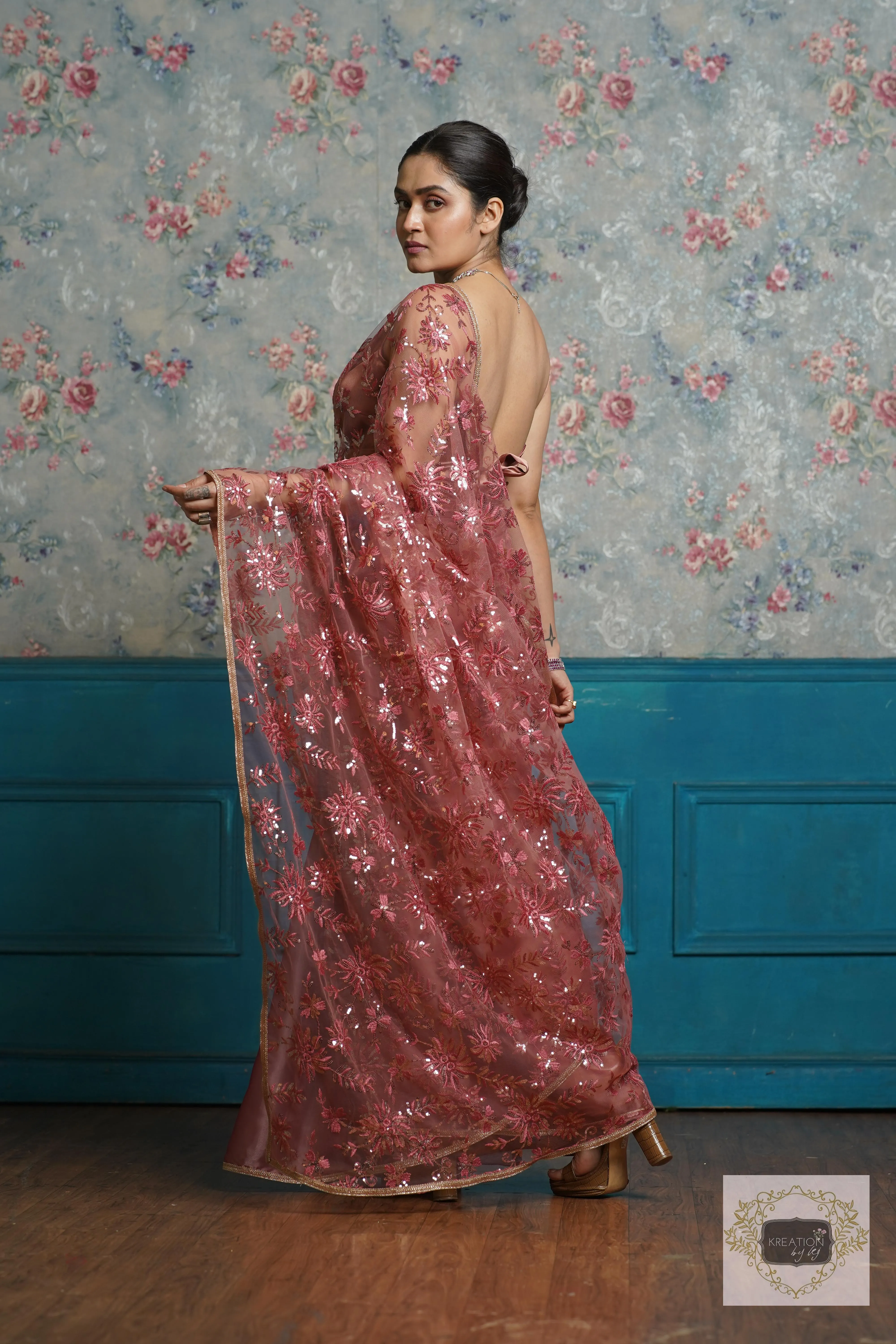 Dusty Rose Morning Glory Organza Half saree