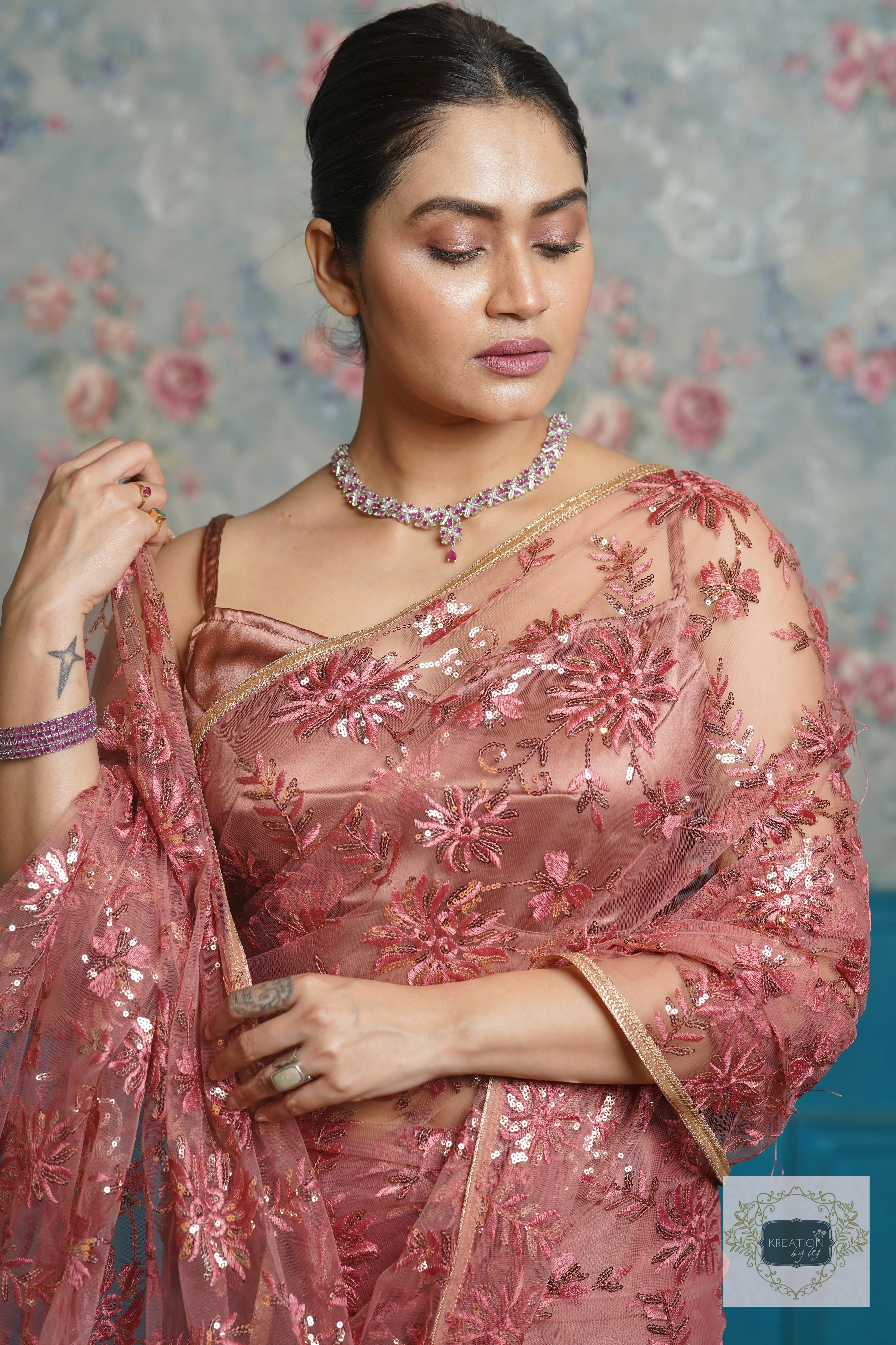 Dusty Rose Morning Glory Organza Half saree