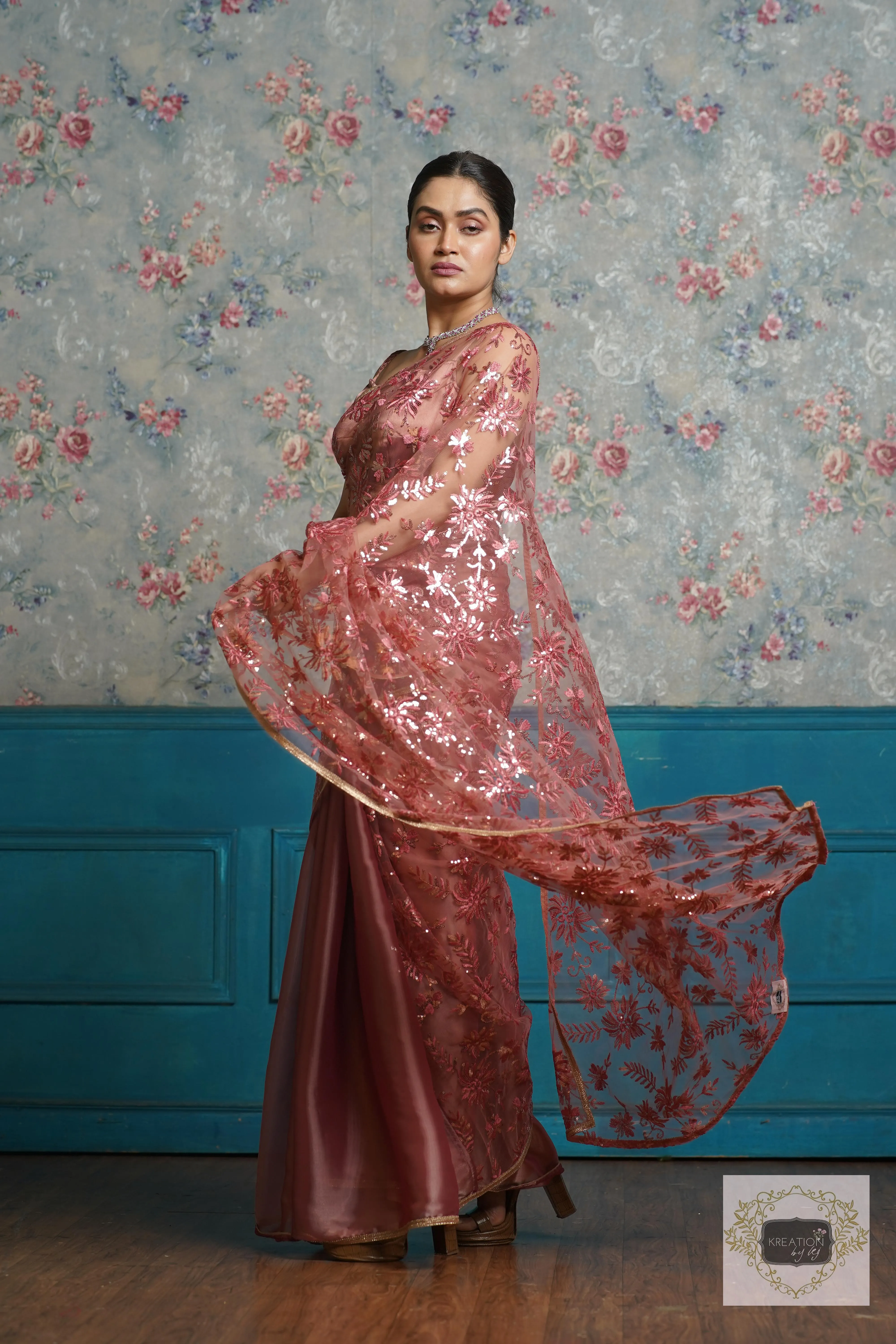 Dusty Rose Morning Glory Organza Half saree