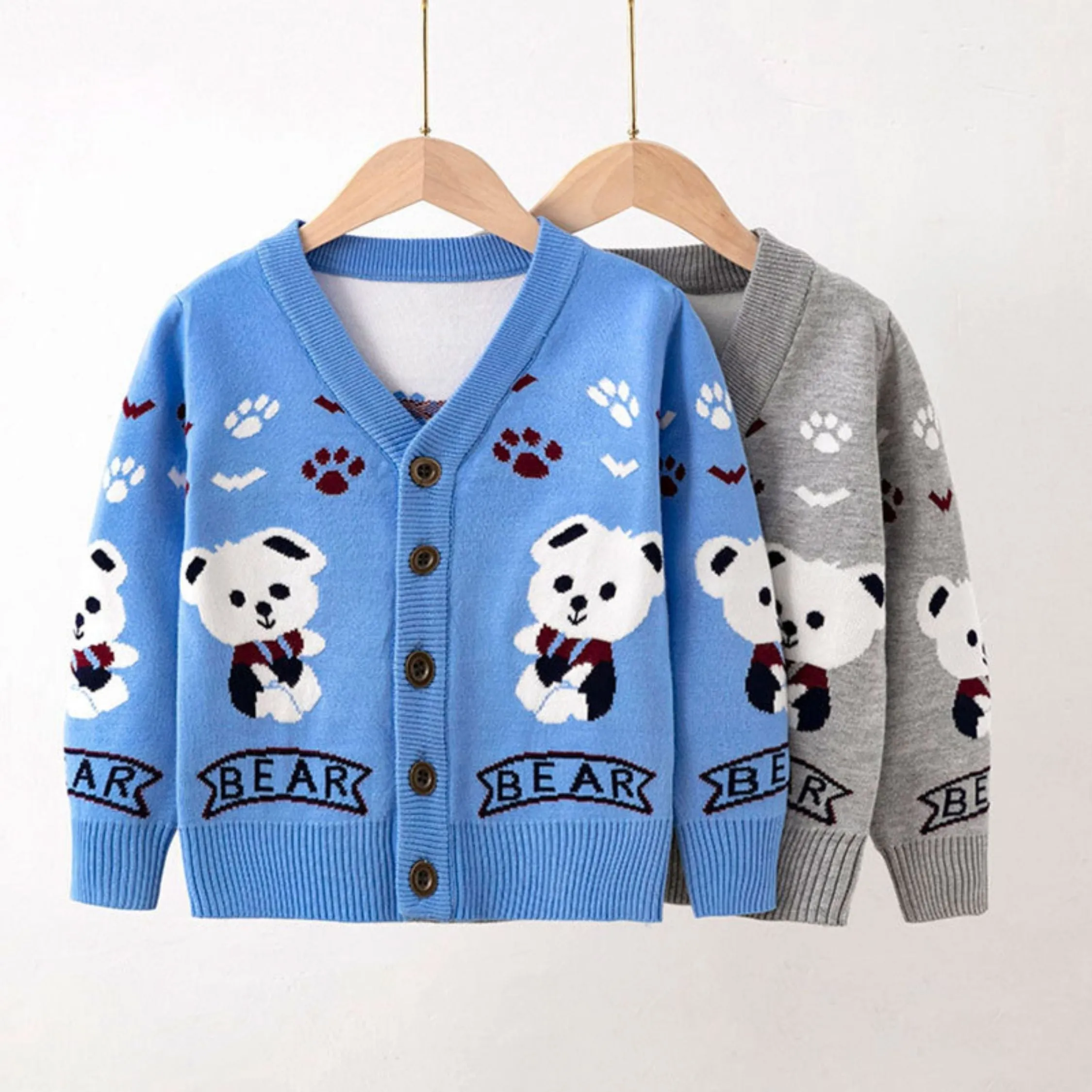 Full Sleeve Cute Bear Theme Boys Cardigan, Mulitcolours