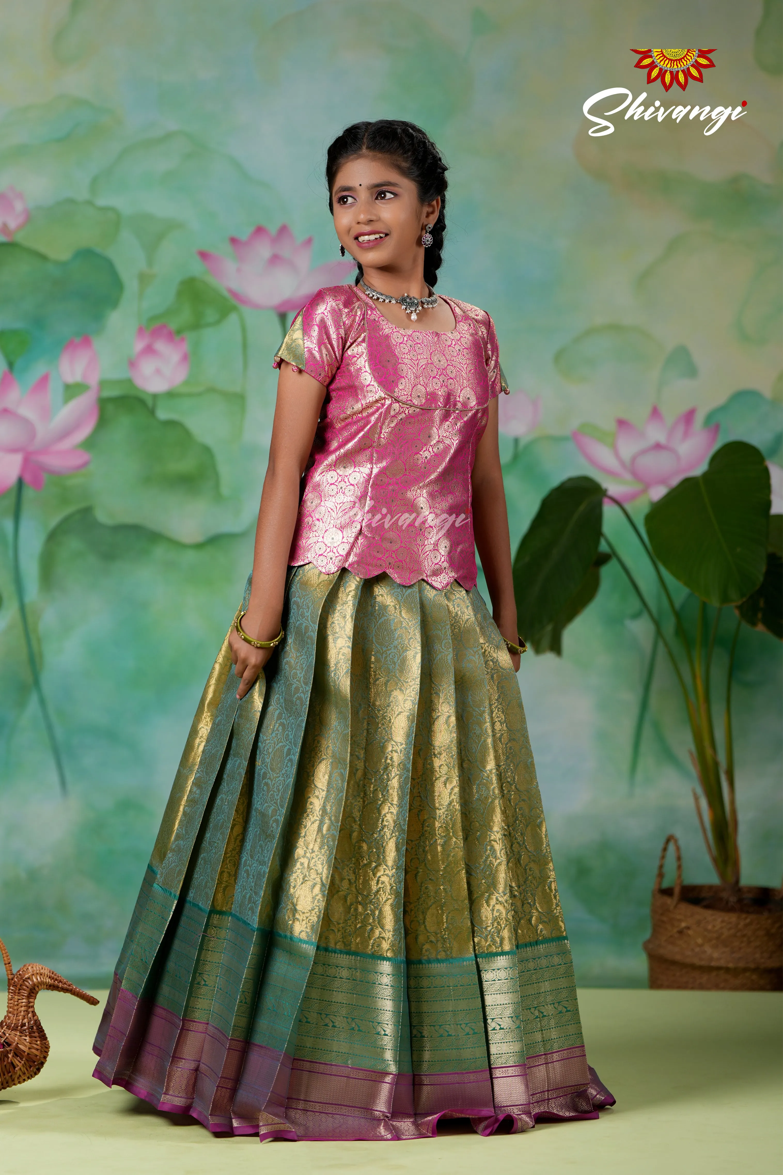 Girls Green Potly Mango Designer Pattu Pavadai | Langa !!!