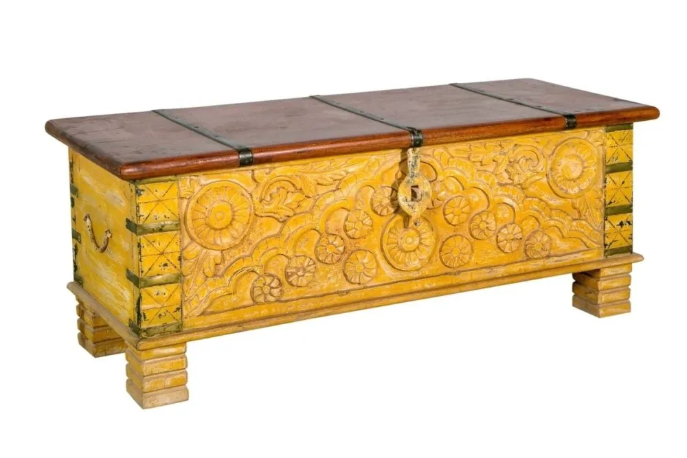 Hand carved natural Wood Storage Trunk in Sunshine Yellow