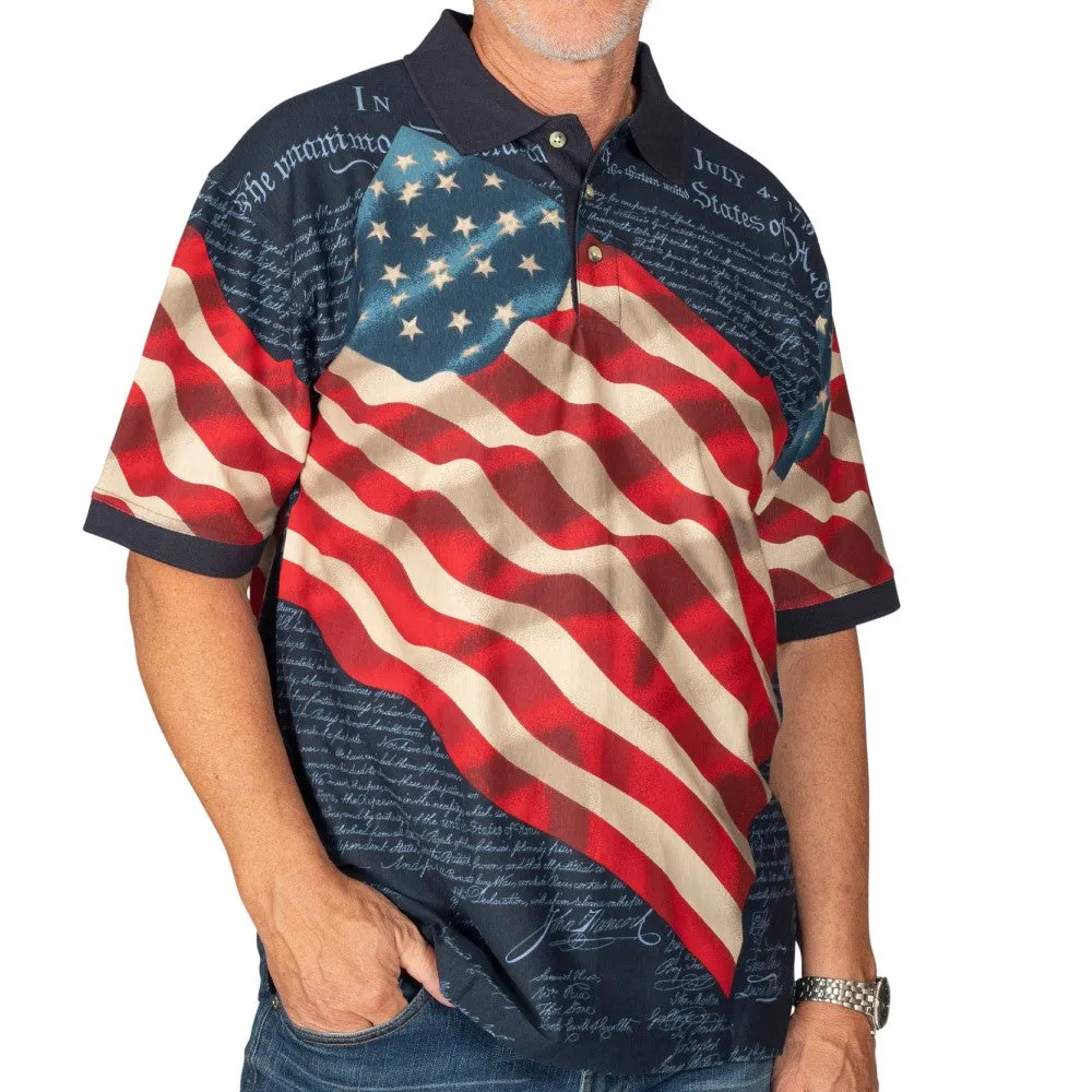 Men's Patriotic Waving American Flag 100% Cotton Polo Shirt