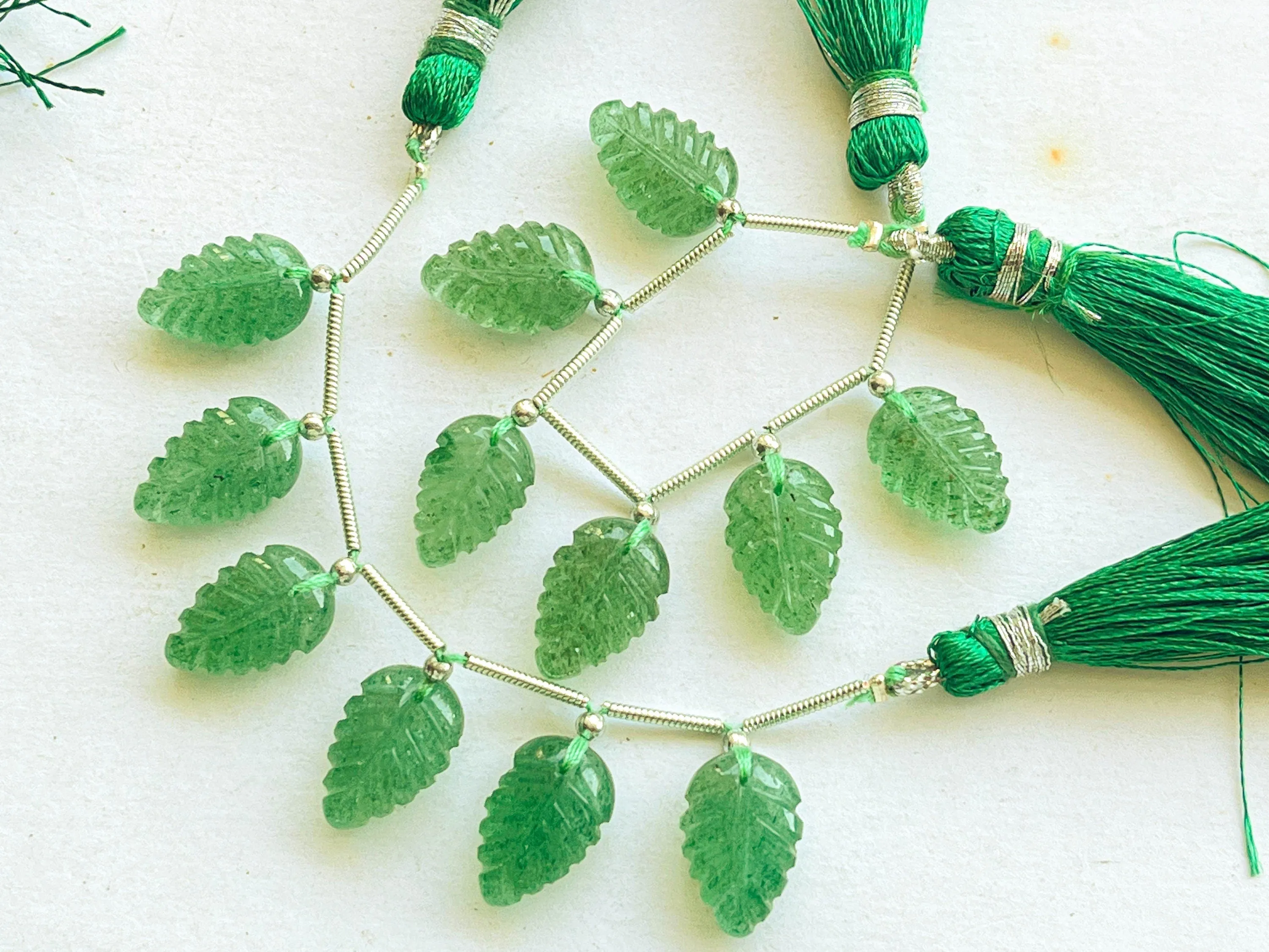 Natural Green Strawberry Quartz Leaf carved Beads