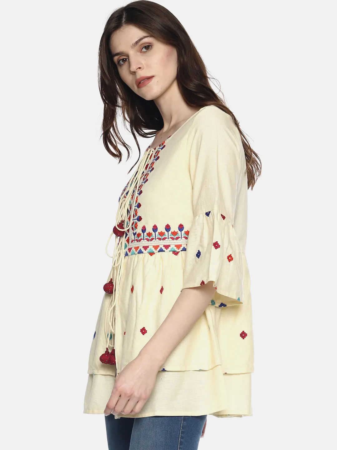 Off White Organic Cotton Shrug With Embroidery