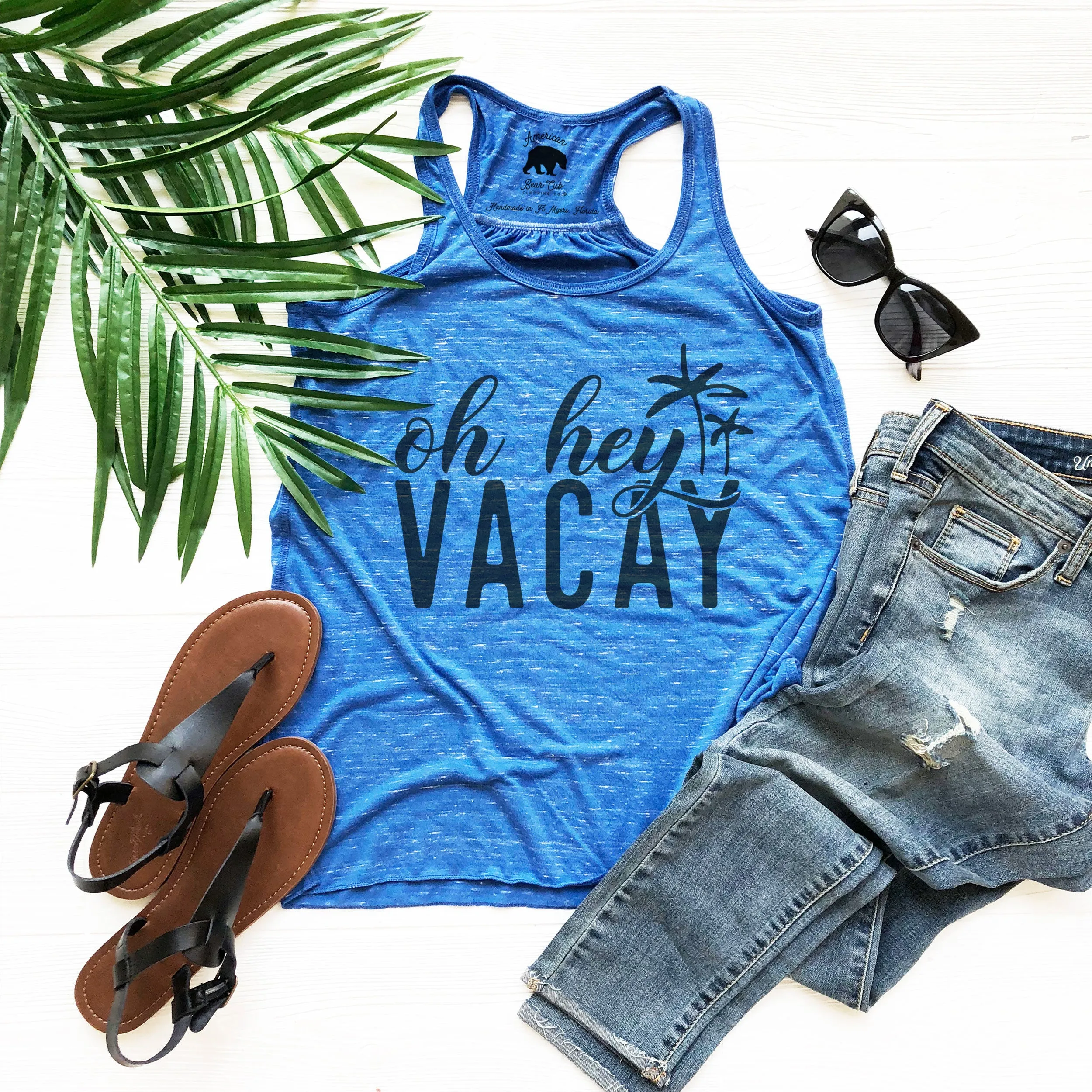 Oh Hey Vacay flowy racerback tank tops - light or dark artwork