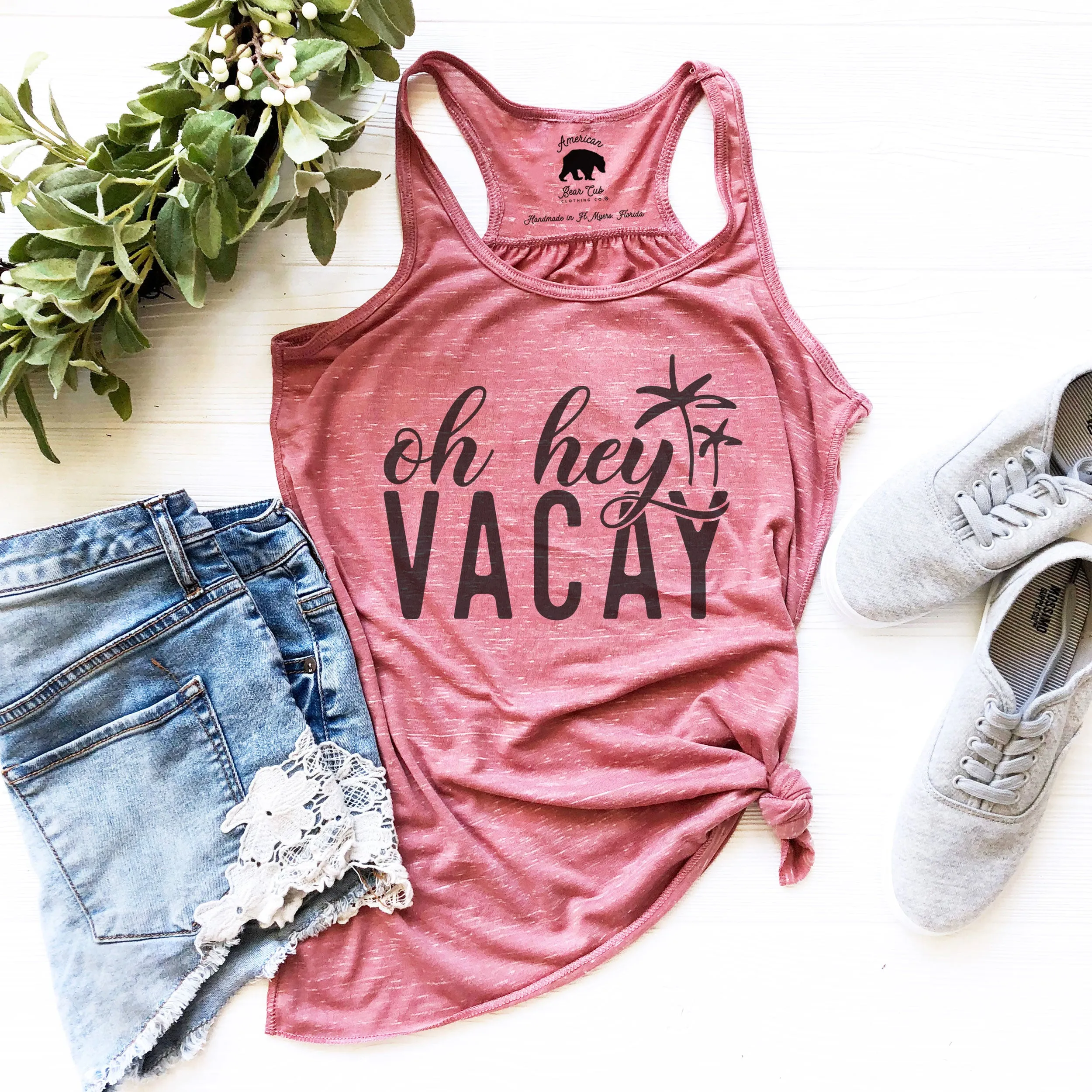 Oh Hey Vacay flowy racerback tank tops - light or dark artwork