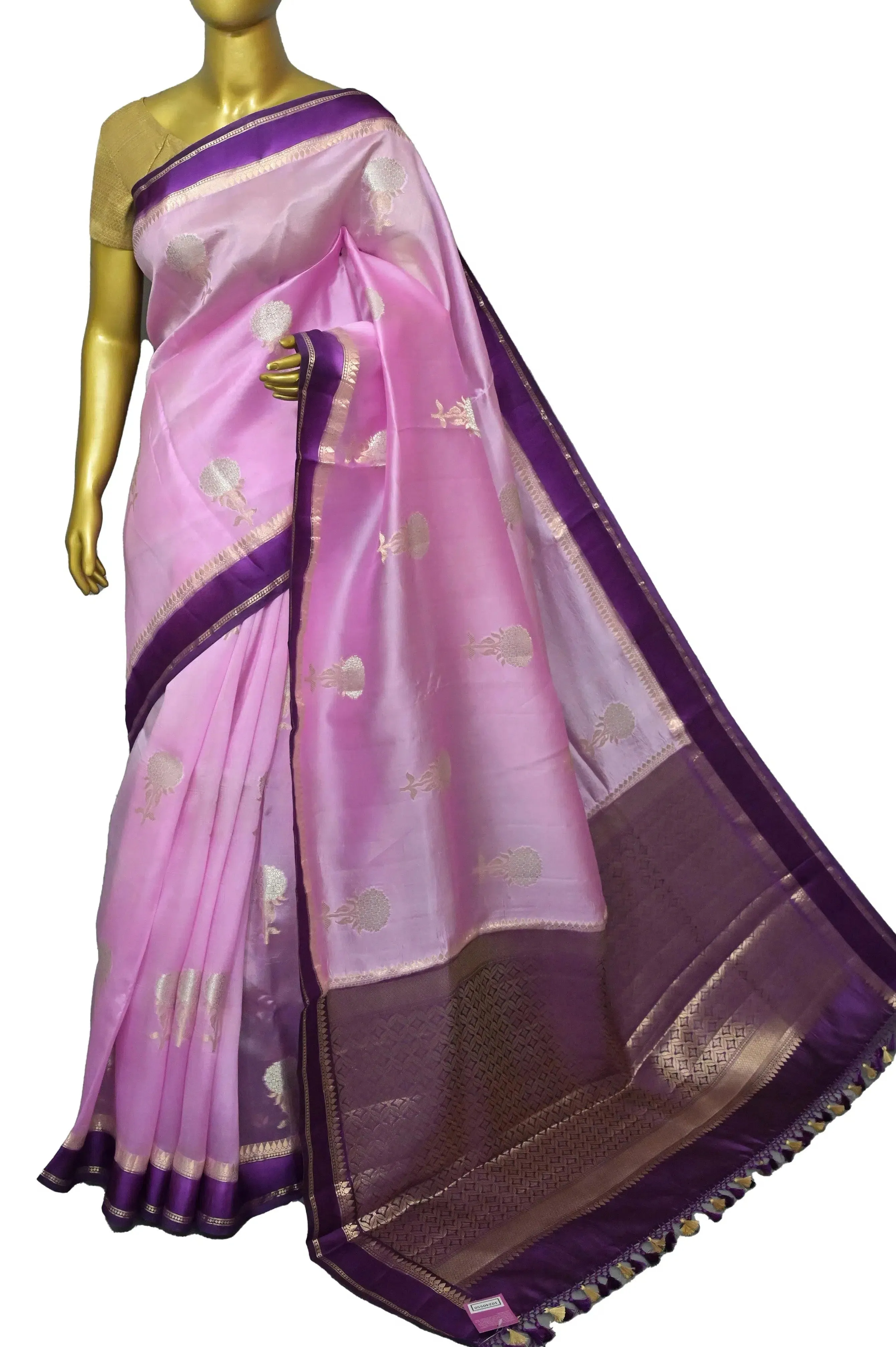 Pink and Purple Color Mango Silk Saree with Silver Zari Butta and Meenakari Work