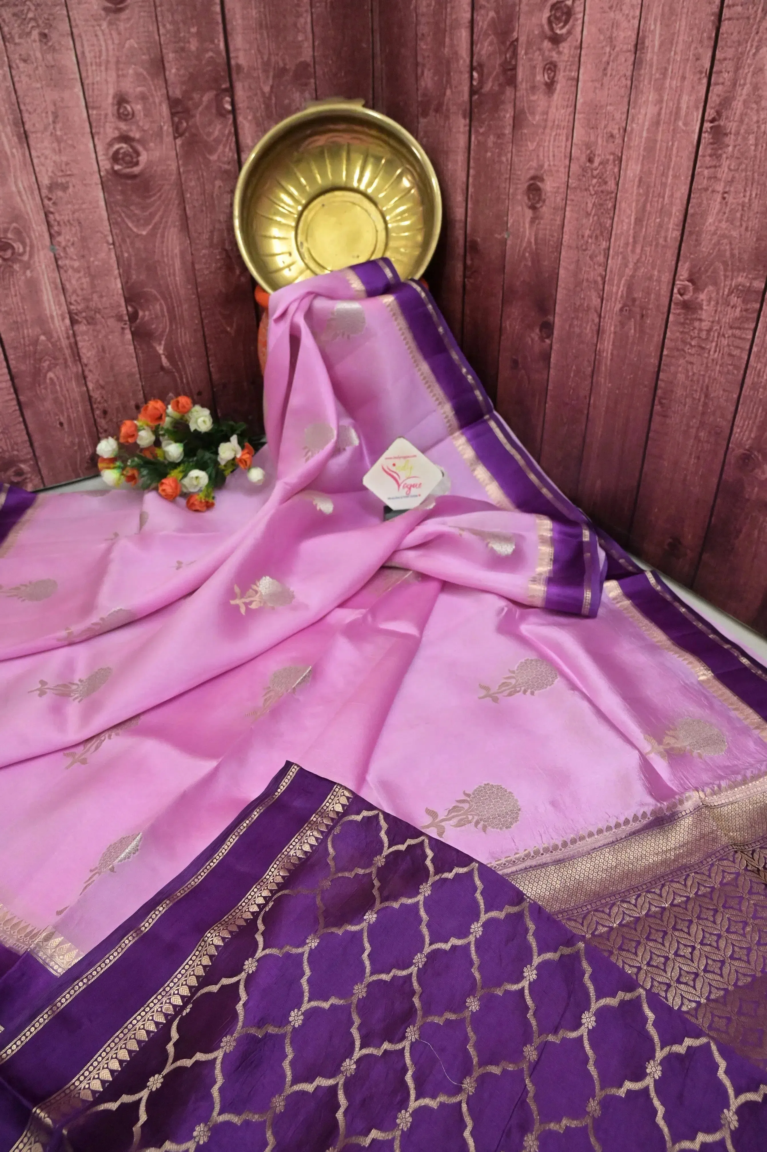 Pink and Purple Color Mango Silk Saree with Silver Zari Butta and Meenakari Work