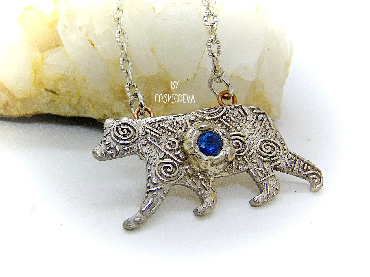 Silver Bear Spirit Animal Blue Spinel Bronze Pendant Necklace