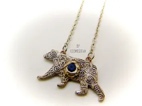 Silver Bear Spirit Animal Blue Spinel Bronze Pendant Necklace