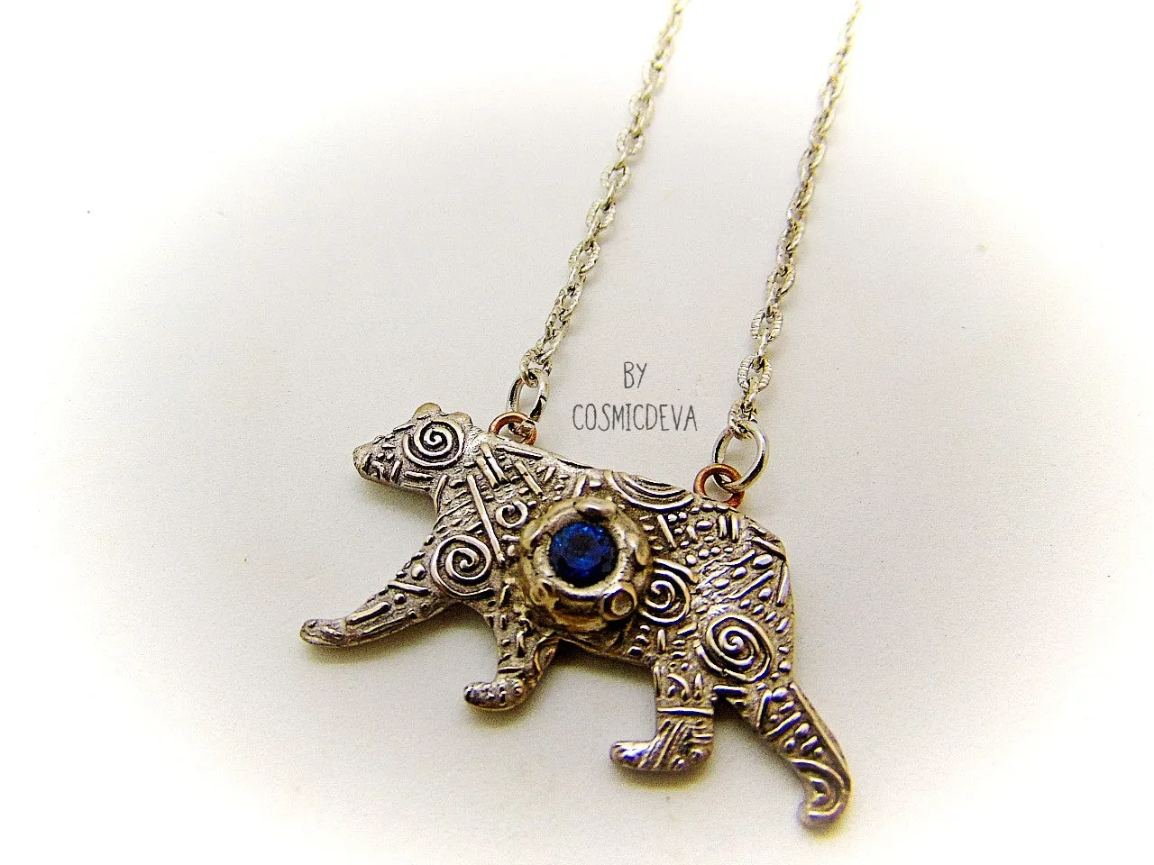 Silver Bear Spirit Animal Blue Spinel Bronze Pendant Necklace