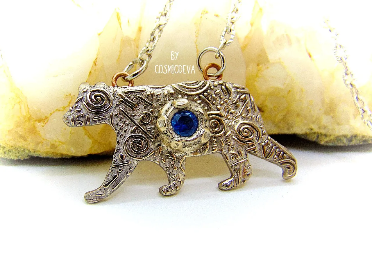 Silver Bear Spirit Animal Blue Spinel Bronze Pendant Necklace