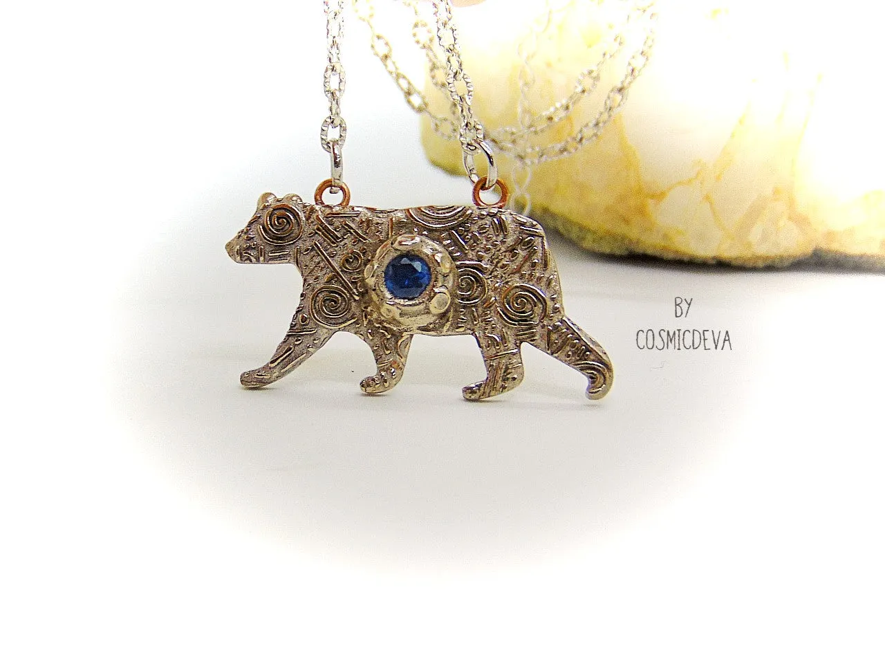 Silver Bear Spirit Animal Blue Spinel Bronze Pendant Necklace