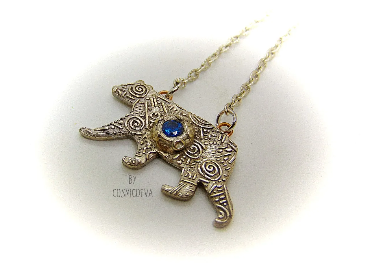 Silver Bear Spirit Animal Blue Spinel Bronze Pendant Necklace