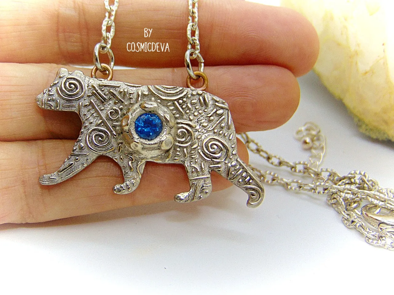 Silver Bear Spirit Animal Blue Spinel Bronze Pendant Necklace